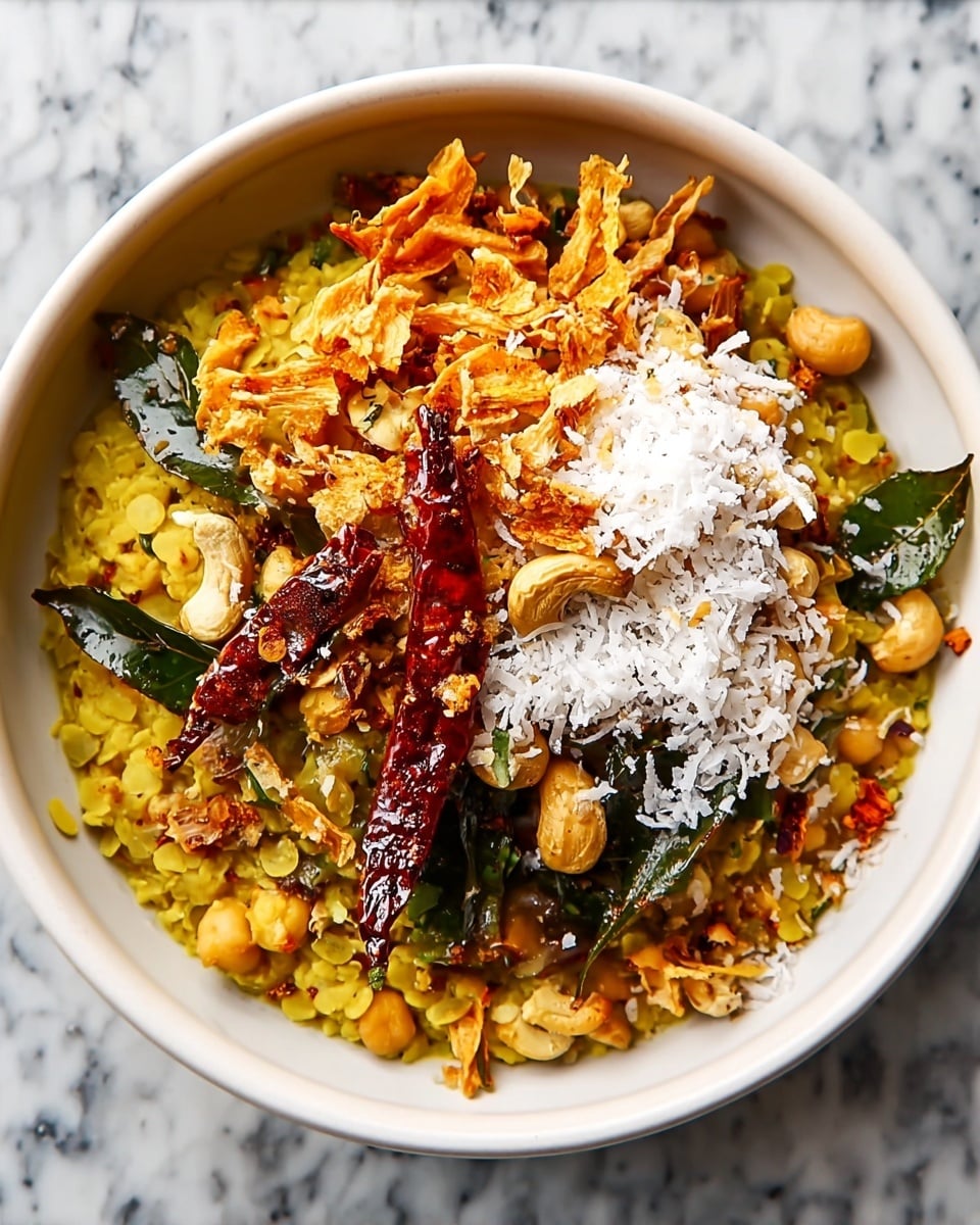 In a white bowl, there is a colorful layered dish. The base layer is yellow with a crumbly texture, likely made from lentils or a similar ingredient. On top of that are scattered light brown cashew nuts and small orange lentil pieces adding crunch. There are bright green leaves placed around the bowl, mixed with thin, crispy, golden brown fried shallots. Two whole dried red chilies lay on top, adding a dark deep red color. The center is garnished with a white shredded topping, which looks like fresh coconut. The bowl is set on a white marbled surface, creating a clean and bright background. Photo taken with an iphone --ar 4:5 --v 7