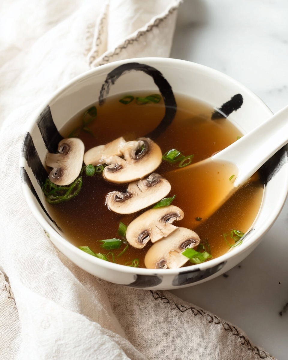 A white bowl with black abstract patterns holds clear brown broth soup, floating over six thinly sliced light brown mushrooms with white edges, and small bright green onion pieces scattered on the surface. A white ceramic spoon sits inside the bowl, partially submerged in the soup on the right side. The bowl rests on a white marbled surface with a soft, off-white cloth nearby, and a large white pot filled with more broth is partially visible in the background. Steam rises gently from the soup, suggesting it is hot. photo taken with an iphone --ar 4:5 --v 7