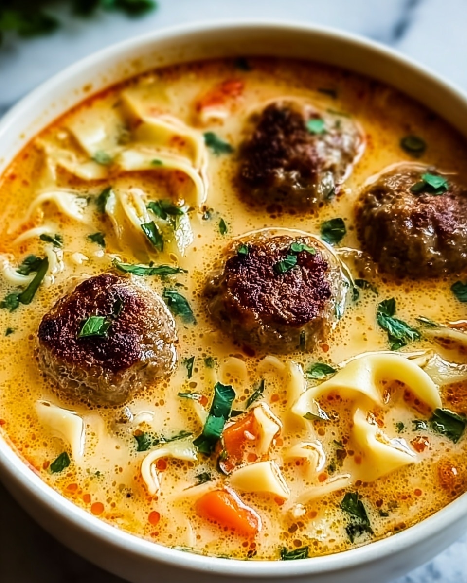 A close-up of a rich, creamy soup in a white bowl, filled with five browned meatballs sitting in a thick, orange-tan broth. The soup also contains small white noodle pieces, bright green parsley leaves scattered throughout, and soft orange carrot chunks floating near the meatballs. The broth has a slightly oily sheen on the surface, giving it a smooth texture. The bowl is placed on a white marbled surface with a soft, blurred background. Photo taken with an iphone --ar 4:5 --v 7