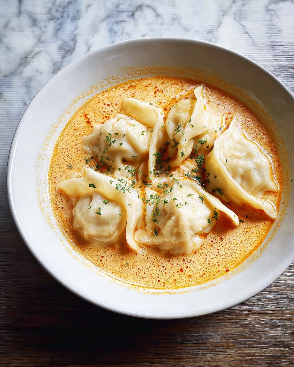 A white bowl holds five large dumplings with thin, smooth dough folds, lightly wrinkled at the edges. The dumplings float in an orange-colored broth that looks creamy and has a smooth texture. Small green chopped herbs are sprinkled on top and in the broth, adding contrast to the light dumplings and orange soup. The bowl sits on a white marbled surface, showing a rustic and natural scene. photo taken with an iphone --ar 4:5 --v 7