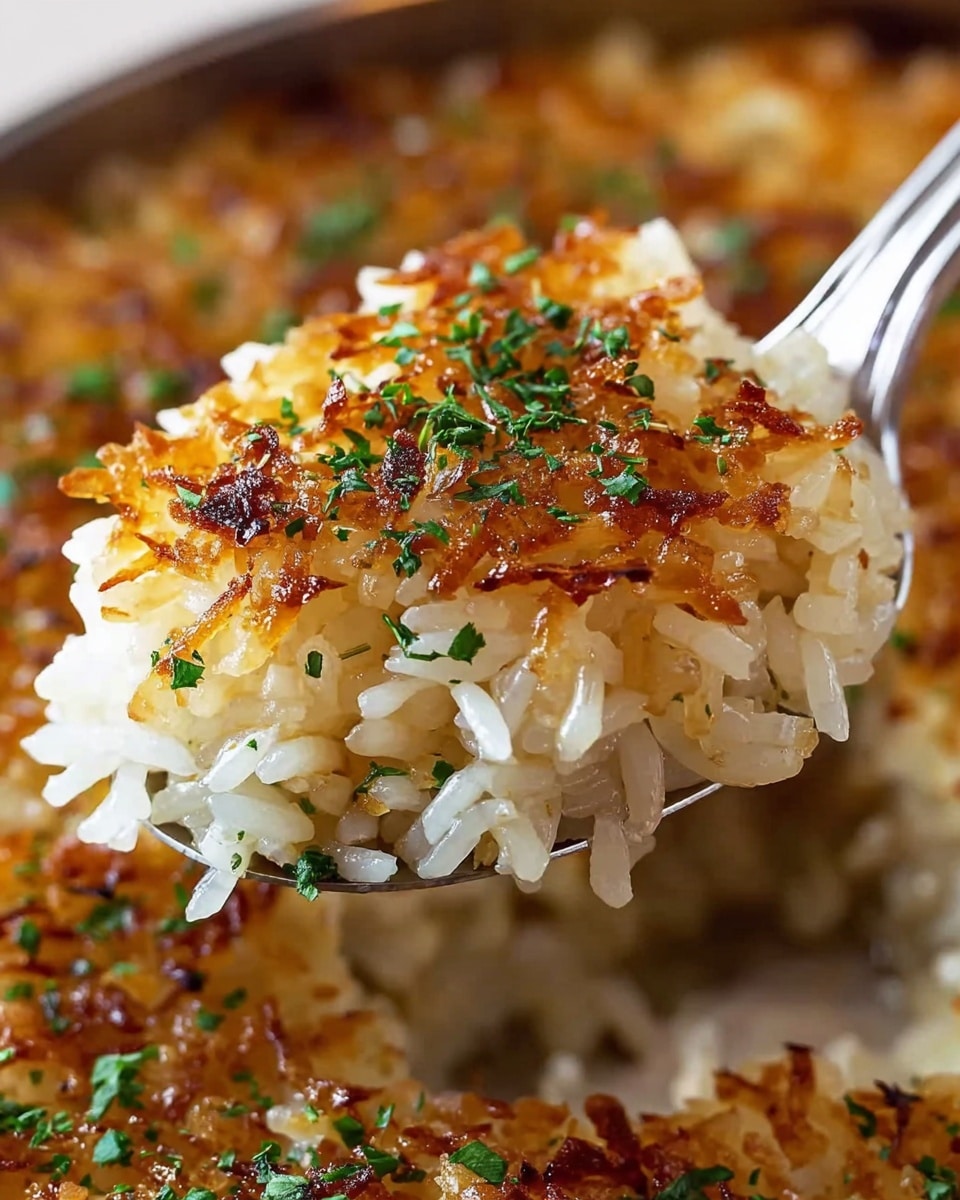 A close-up view of a golden brown baked rice dish with a crispy top layer of melted cheese and small browned bits, sprinkled with chopped fresh green herbs. The rice beneath is creamy and soft, with visible grains, and the texture looks rich and slightly sticky. A silver spoon is lifting a portion of the dish, showing the contrast between the crunchy top and the tender rice below. The photo is taken on a white marbled surface. Photo taken with an iphone --ar 4:5 --v 7