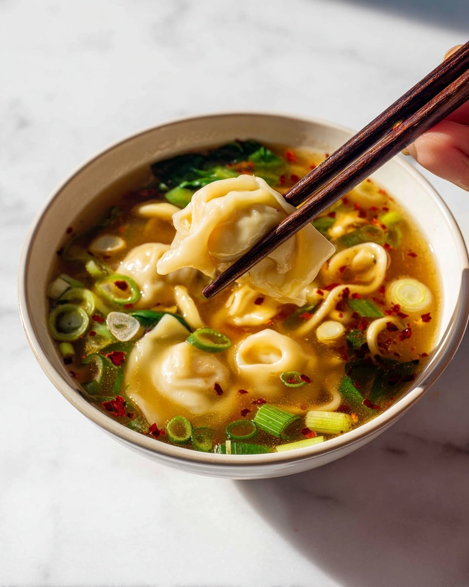 A white bowl filled with light brown broth that has small red chili flakes floating on top. Inside the broth are three pale yellow dumplings with soft, smooth, slightly wrinkled skin, and some sliced green onions with white bottoms and green stalks scattered throughout. Yellowish thick noodles curl around the dumplings and green vegetable pieces add texture to the soup. A pair of dark brown chopsticks held by a woman's hand lifts one dumpling above the bowl. The scene is set on a white marbled surface with bright natural light shining from the left side, creating soft reflections and shadows. photo taken with an iphone --ar 4:5 --v 7