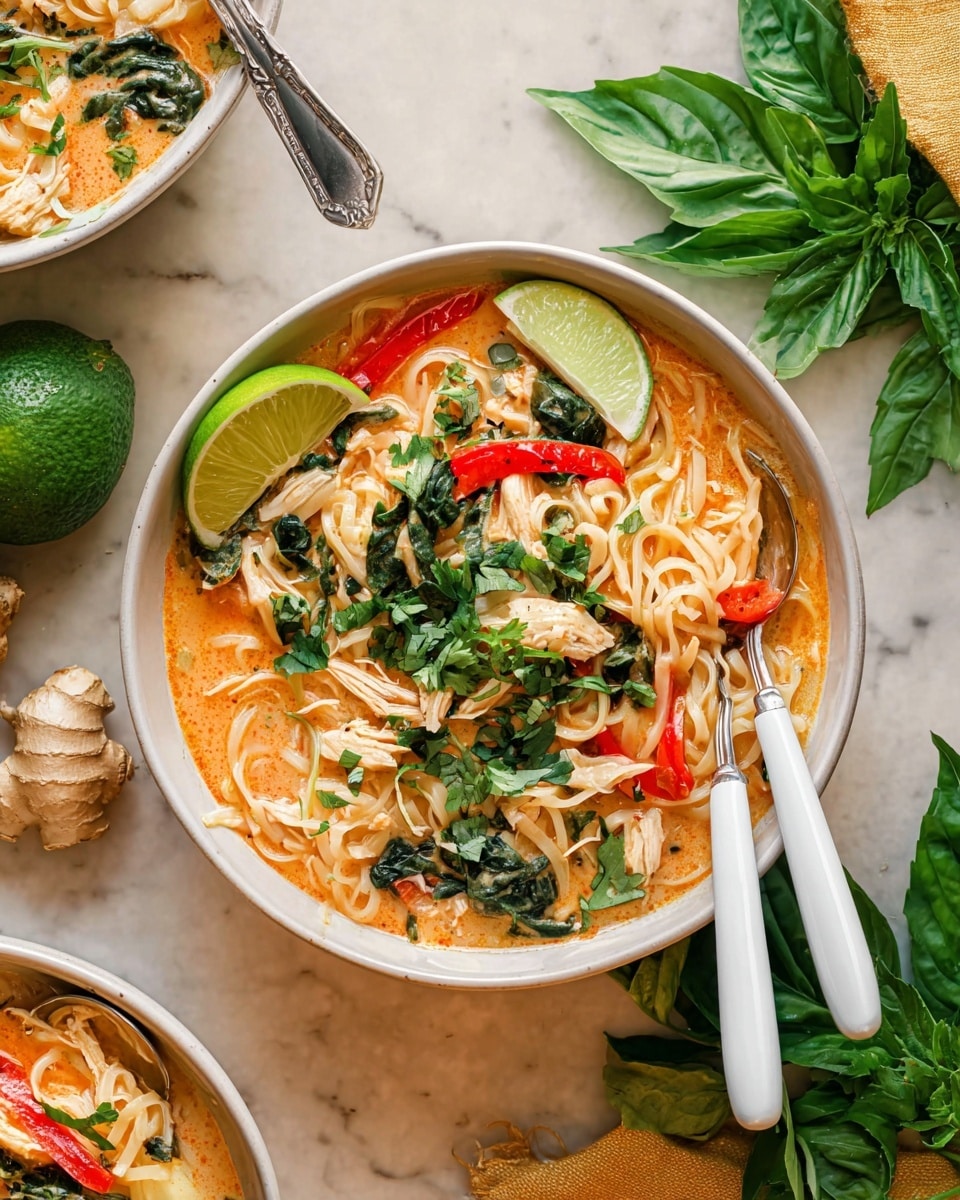 A white bowl filled with a layered noodle soup featuring pale beige noodles at the base, tangled and mixed with shredded light-colored chicken. Bright red slices of bell pepper and deep green leafy spinach pieces sit on top, floating in an orange creamy broth. Fresh green herbs, including cilantro and basil leaves, are scattered on the surface, adding pops of bright green, along with a quarter lime wedge placed on the edge of the bowl. Two silver forks with white handles rest inside the bowl. The bowl sits on a white marbled surface, surrounded by fresh green basil leaves, a garlic bulb, ginger pieces, and more lime wedges. photo taken with an iphone --ar 4:5 --v 7