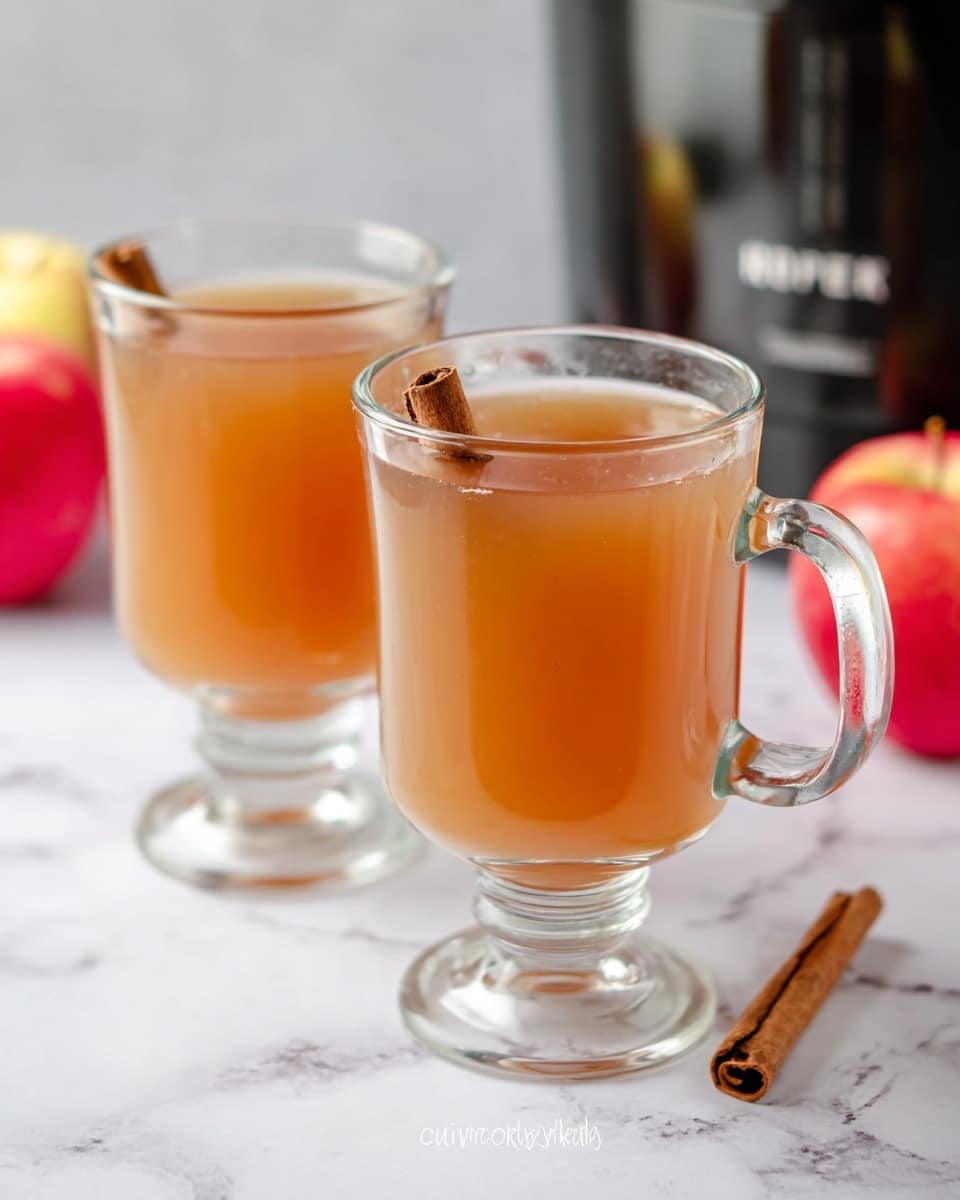 The image shows two clear glass mugs filled with warm light brown apple cider, each topped with two brown cinnamon sticks resting on the rim. The front mug is positioned on a white marbled surface, slightly to the right, with the second mug placed a bit behind it to the left. In the background, there are two shiny red apples on the right side and a small cinnamon stick lying flat on the marbled surface to the right of the mugs. The background is softly blurred to keep the focus on the mugs and apples. The text