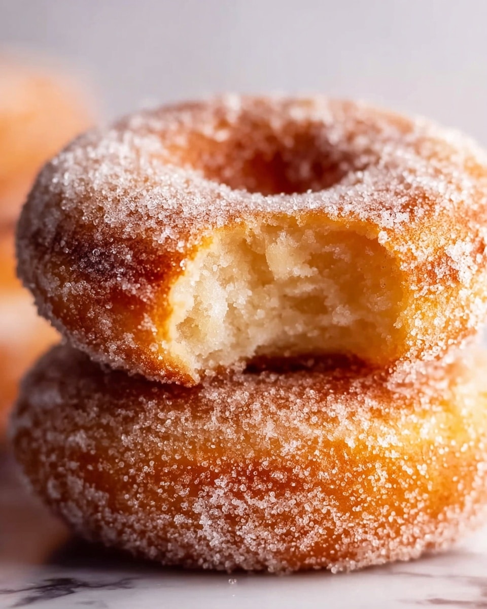 The image shows a close-up of two stacked sugar-coated doughnuts on a white marbled surface, with the top doughnut having a bite taken out of it. The doughnuts have a golden-brown color with a rough texture from the granulated sugar covering their surface, and the inside of the bitten doughnut reveals a soft, light, airy, and slightly crumbly texture. The focus is on the top doughnut, highlighting the sugar crystals and the warm, inviting look of the dough. Photo taken with an iphone --ar 4:5 --v 7