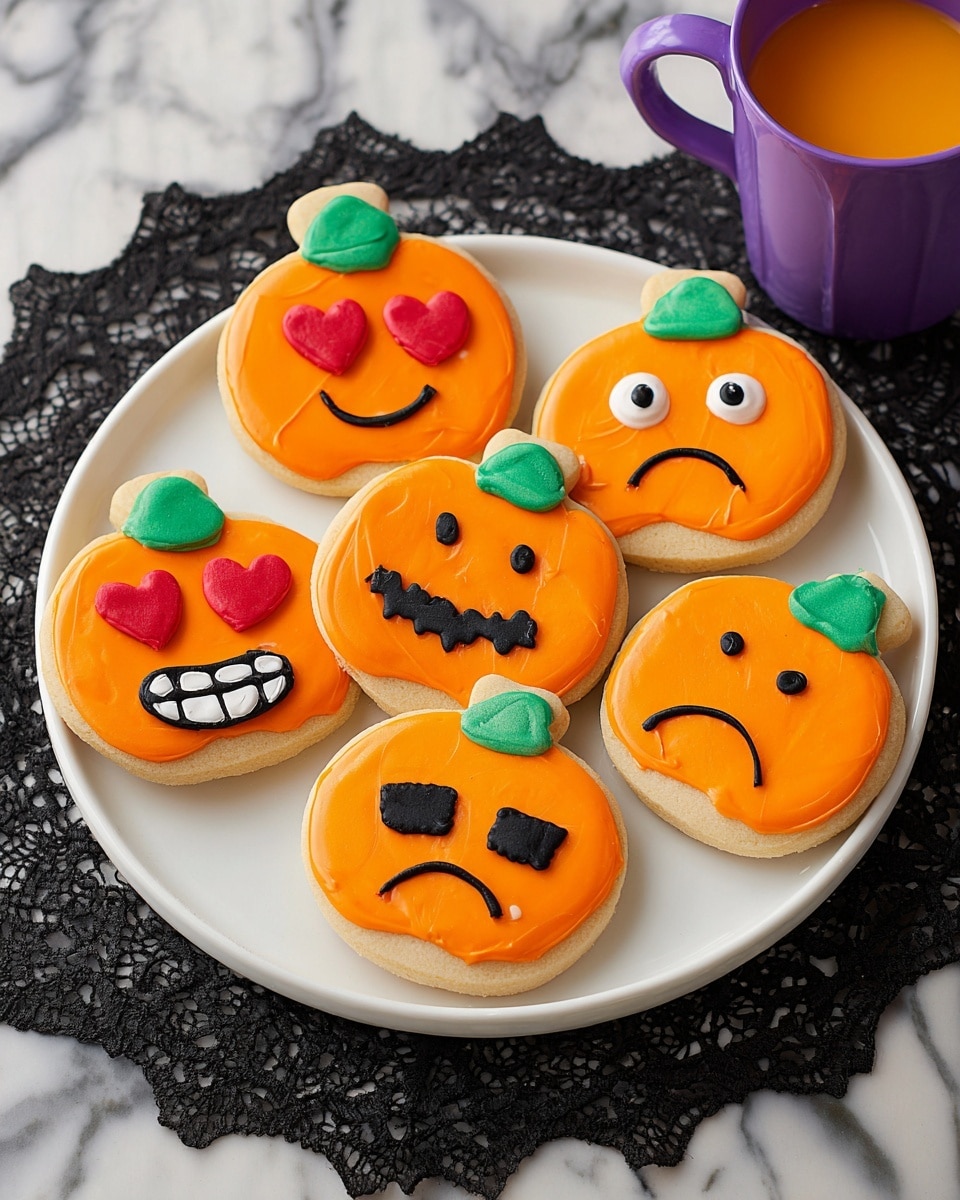Seven pumpkin-shaped sugar cookies are arranged on a white plate, each covered with a smooth layer of bright orange icing shaped like a pumpkin with green icing tops. Each cookie has a different face made of black and red icing, showing various expressions: two have big white eyes with black pupils, two have heart-shaped red eyes with smiling mouths, two have teeth showing in a grid pattern, and one has a sad frown with large black eyebrows. The cookies rest on a white marbled surface, and part of a purple cup with a red drink is visible in the top right corner. photo taken with an iphone --ar 4:5 --v 7