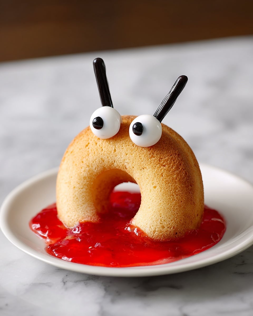 A single golden-brown round donut with a hollow center is standing upright on a white plate. On the front lower part of the donut, a thick layer of bright red jelly spills out, resembling a dripping effect. Two large white circular candy eyes with black pupils are placed near the top of the donut, along with three thin black licorice pieces arranged as hair strands and two shorter black licorice pieces acting as eyebrows. The plate rests on a dark surface with a blurred wood background behind. Photo taken with an iphone --ar 4:5 --v 7