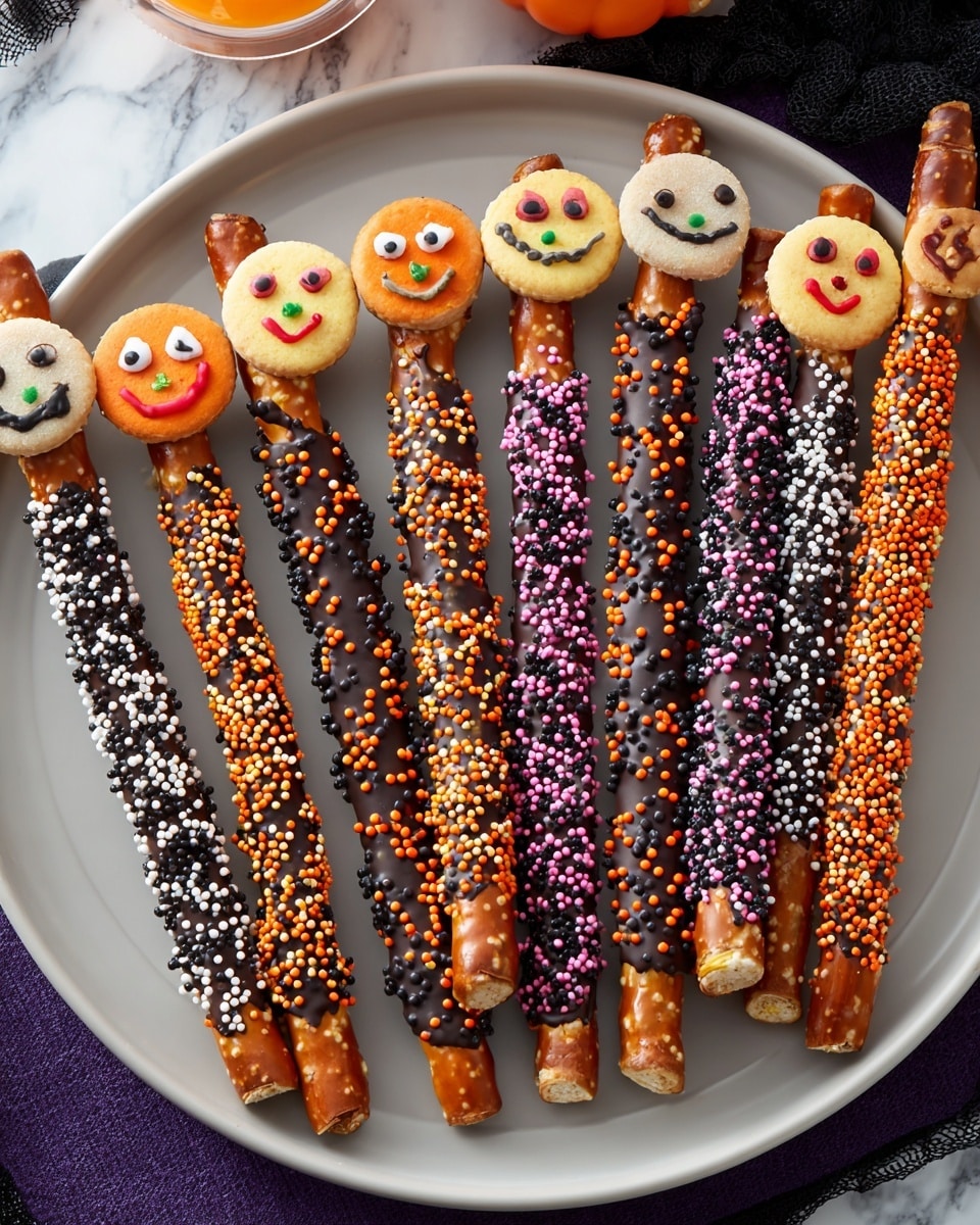 The image shows a white plate with ten long pretzel sticks arranged side by side. Each pretzel stick is dipped about three-quarters down in dark or white chocolate, which is covered in colorful Halloween-themed sprinkles. The sprinkles include orange, black, purple, white, and yellow small balls and shapes like pumpkins. Each pretzel stick is topped with a round decorated cookie showing different spooky faces in colors like orange, yellow, red, and purple. The plate sits on a white marbled surface with some small orange and purple candies scattered around. Photo taken with an iphone --ar 4:5 --v 7