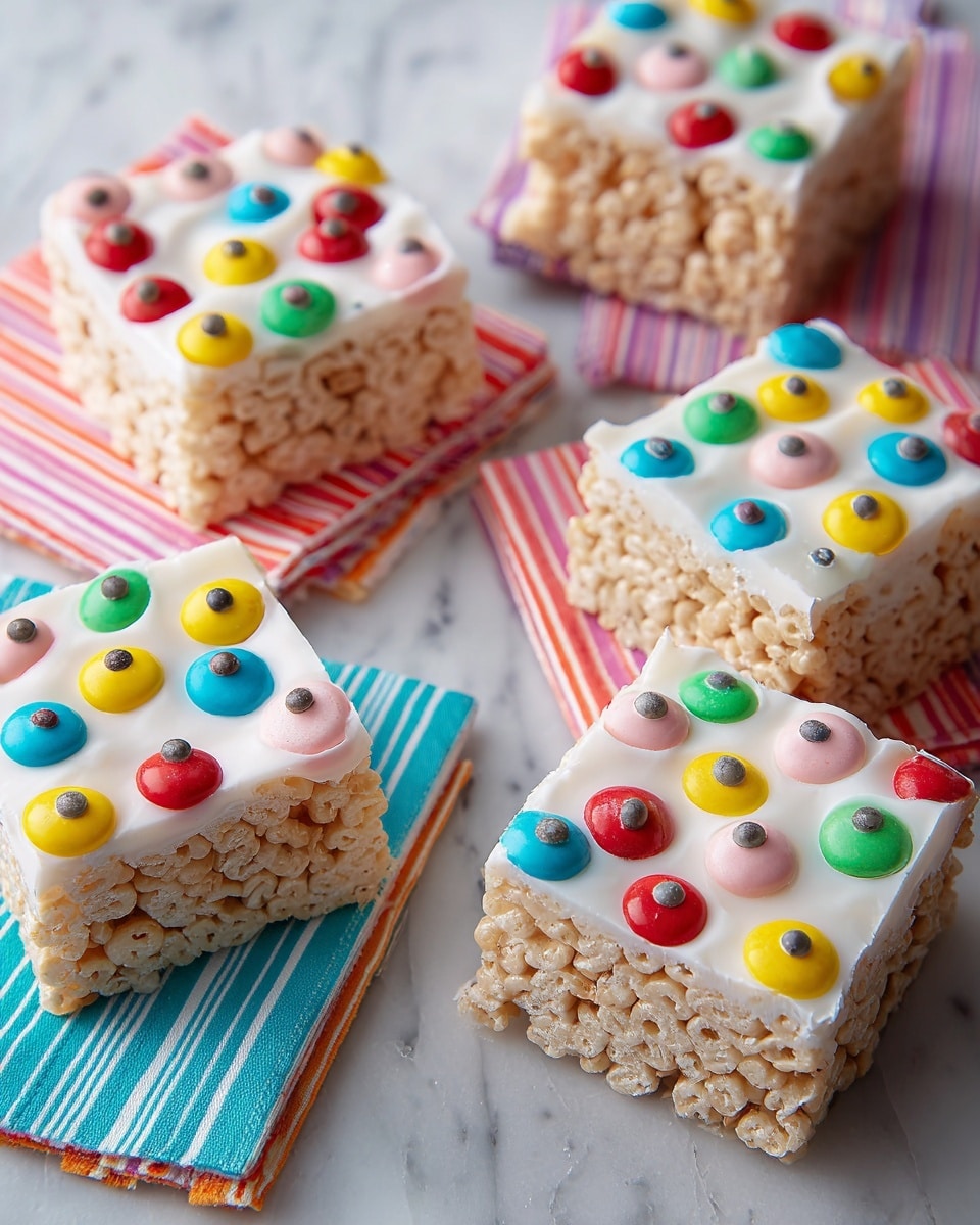 Five square rice crispy treats are placed on small white napkins with colorful stripes of red, blue, green, and pink, all arranged on a white marbled surface. Each treat has two layers: the bottom layer is a light tan, crispy rice cereal, and the top layer is smooth white icing. The icing is decorated with many small round candy pieces in green, blue, yellow, red, pink, and white colors, each candy having a black dot in the center like eyes. The candies are placed all over the top and around the sides of the treats, creating a fun and colorful pattern. photo taken with an iphone --ar 4:5 --v 7