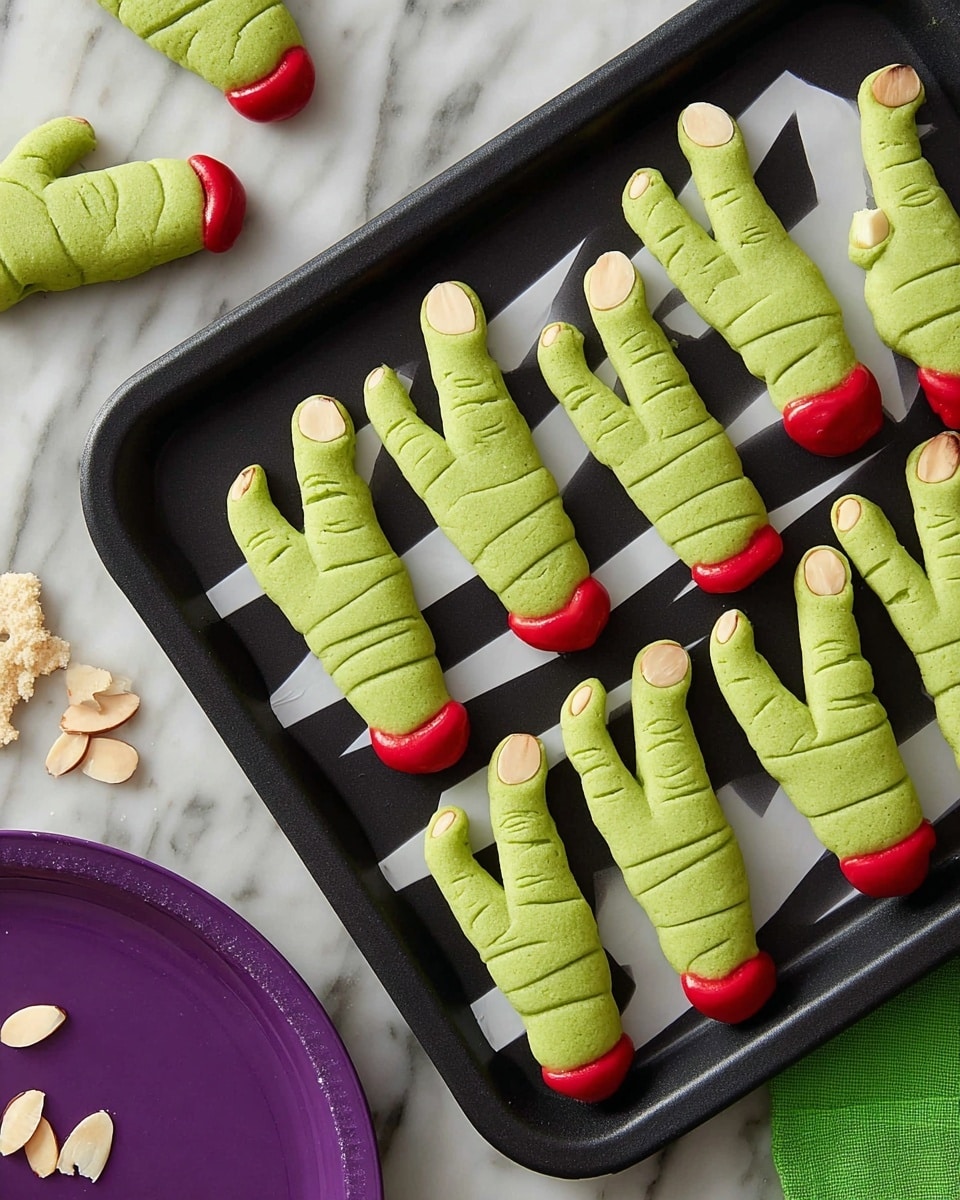 The image shows a black tray holding ten finger-shaped cookies. Each cookie is long and light green with three thin lines pressed into the dough to look like knuckles. The tips of the fingers have bright red icing that looks like blood, and each finger has an almond slice at the top to look like a fingernail with red icing around its base. One finger cookie is broken, with a small piece resting beside the tray. The background is a white marbled surface with black and white striped paper underneath the tray, a green napkin with crumbs on the side, and part of a purple plate visible in the corner. Photo taken with an iphone --ar 4:5 --v 7