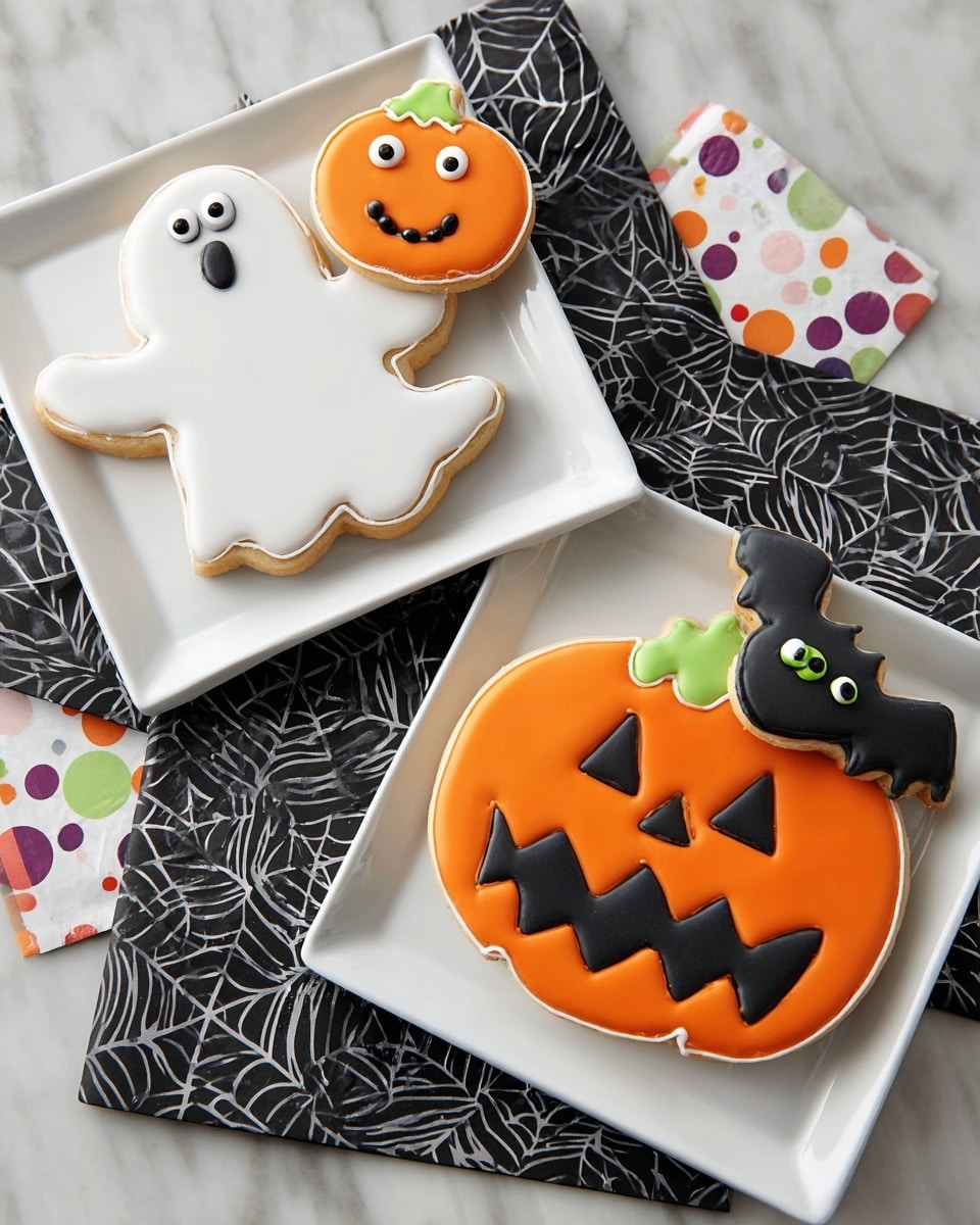 A single pumpkin-shaped cookie decorated with bright orange icing covering the entire top surface, outlined with a thin black icing edge. The cookie has a green stem at the top with a slightly textured look. Two black bat shapes with white edges are placed on the cookie, one for each eye, and each bat has a small green oval detail. The mouth is a curved black shape with a white border, giving a smiling expression. The cookie is on a white square plate, set on a white marbled surface with part of a patterned black mat visible in the background. Photo taken with an iphone --ar 4:5 --v 7