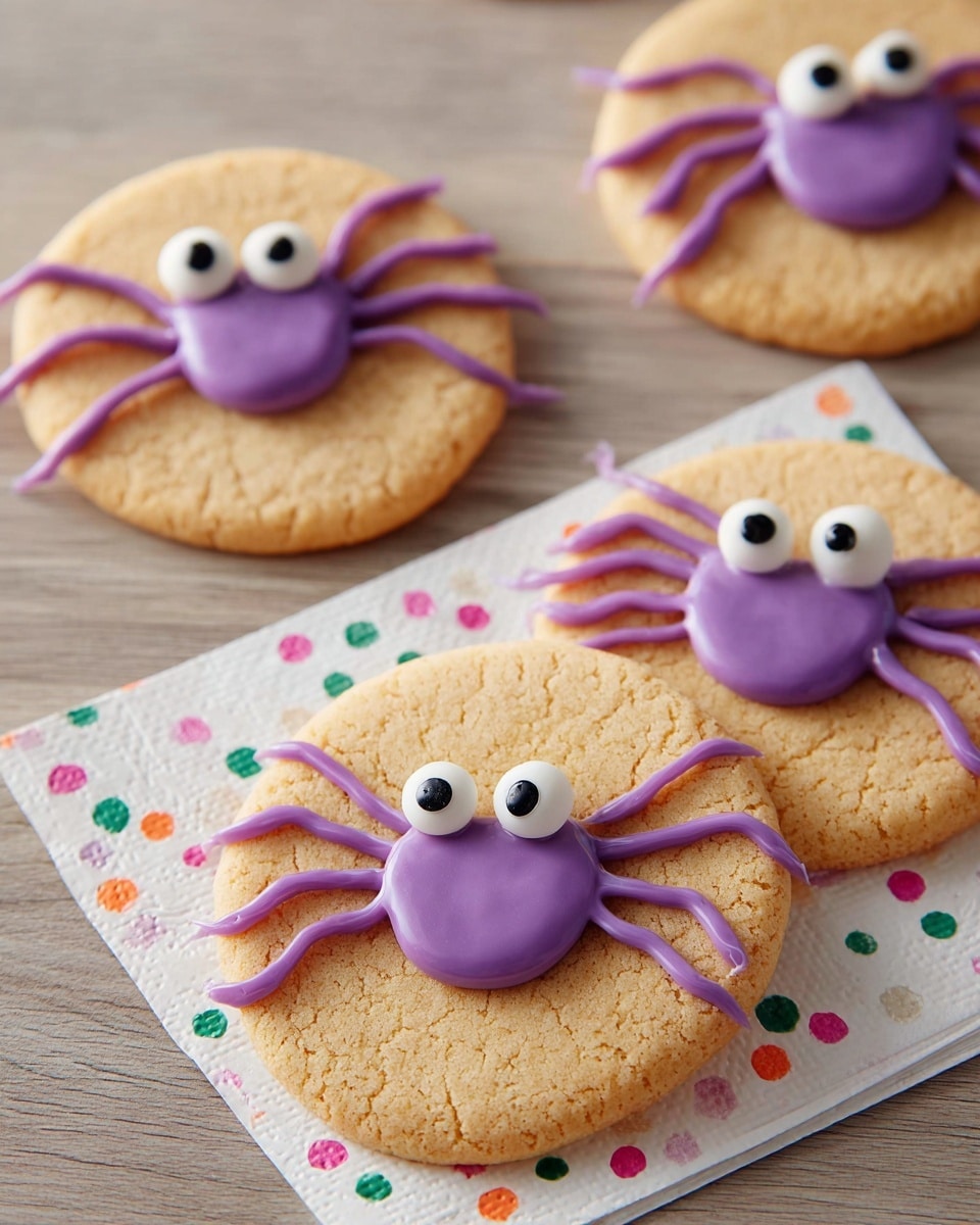 A baking tray holds nine round light brown cookies, each topped with a small smooth purple circle of icing in the center, decorated with two tiny round white candy eyes. In front of the tray, a wooden board displays four cookies with the same purple center and candy eyes, but each has six thin purple icing lines extending out from the circle, creating the look of spider legs. To the left of the board is a small clear bowl filled with white candy eyes, and to the right is another small clear bowl with purple candy melts. An orange and white checkered cloth is partially tucked under the tray. The surface underneath everything is a white marbled texture. photo taken with an iphone --ar 4:5 --v 7