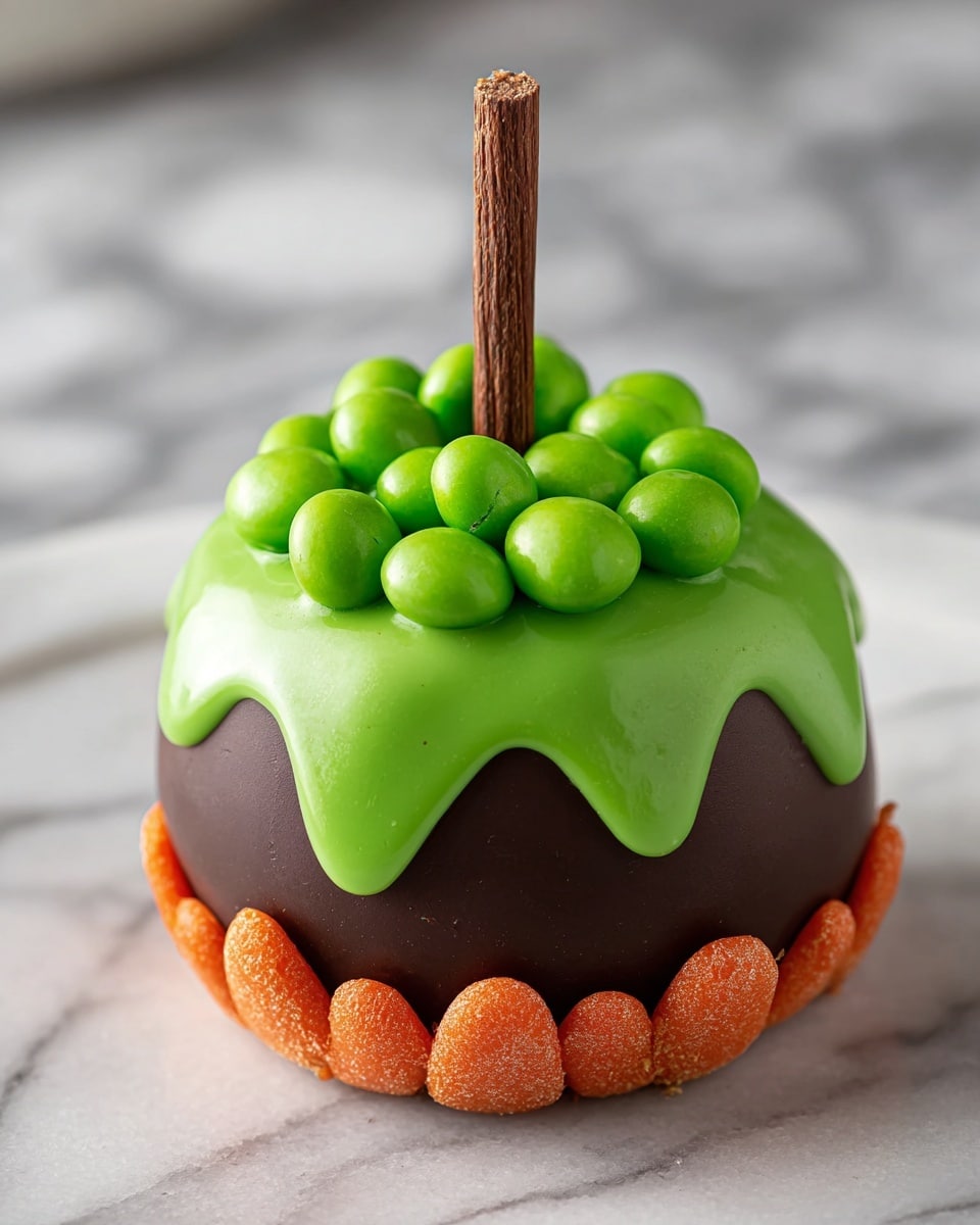 A small round treat with a dark chocolate base sits on a white marbled surface, topped by a bright green shiny layer of icing that drips slightly over the edges. On top of the green icing, there is a cluster of smooth, shiny green candy pieces. Underneath the treat, there are a few thin, triangle-shaped orange pieces arranged like flower petals. A single pretzel stick is inserted vertically into the treat, sticking out from the top. Photo taken with an iphone --ar 4:5 --v 7