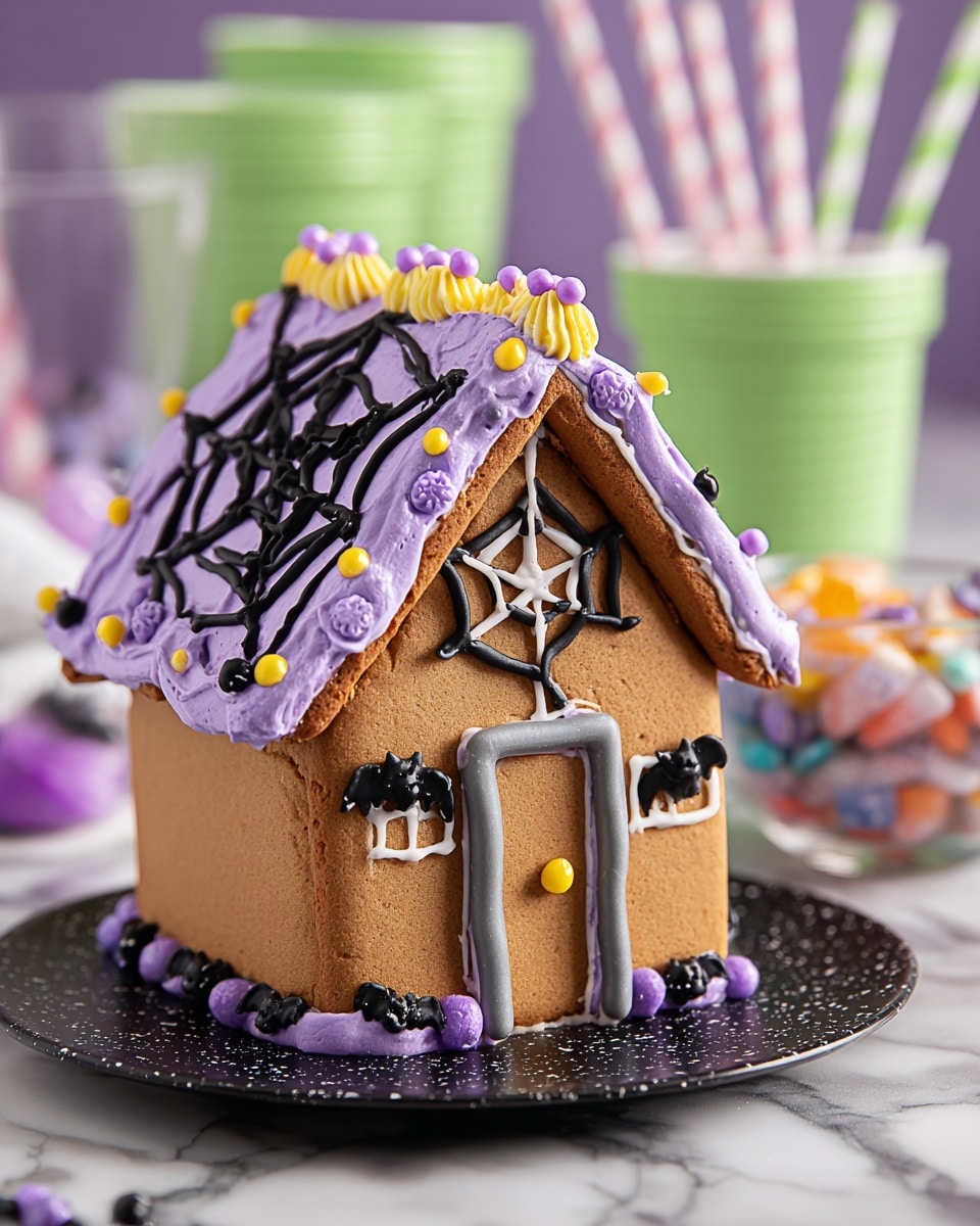 The image shows a small gingerbread house with three visible sides decorated for Halloween. The house walls are brown gingerbread with white icing outlining the door and windows; the door has a small yellow dot as a knob and tiny black bat shapes near it. The roof is covered in thick purple icing with a black spider web design and small purple dots spread over it; the roof edges have dollops of purple icing, and the ridge is lined with yellow icing with purple dots. Purple candy beads line the house edges vertically. The house sits on a square white plate with black sugar, and the background is a white marbled surface with blurred green cups and colorful candies. Photo taken with an iphone --ar 4:5 --v 7