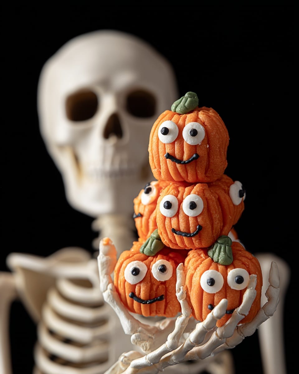 The image shows a skeleton holding five small pumpkin-shaped treats stacked vertically on its white bones. Each treat is bright orange with distinct ribbed texture and cute faces made with two large white and black round eyes and a small curved black smile. The top pumpkin has a small green stem. The background is dark, making the orange pumpkins and white skeleton stand out clearly. The surface beneath is a white marbled texture. Photo taken with an iphone --ar 4:5 --v 7