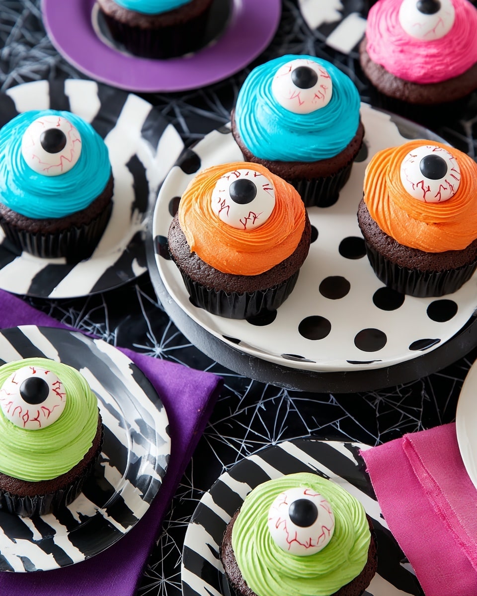 The image shows several chocolate cupcakes decorated with smooth, colorful frosting in bright blue, green, orange, and pink shades. Each cupcake has one white circular candy on top, designed to look like an eyeball with a black center and red veins, sitting in the middle of the frosting. The cupcakes are placed on small white plates with black patterns like polka dots and stripes, which rest on larger dark plates and a white tiered stand. The background is a white marbled surface covered partly by a black cloth with spider web designs, along with purple and pink cloth napkins adding contrast. photo taken with an iphone --ar 4:5 --v 7