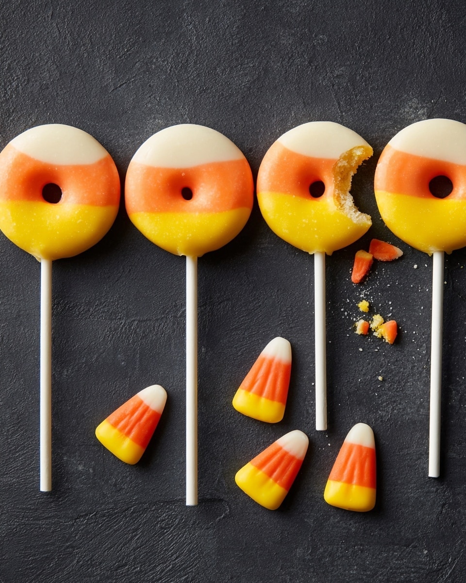 Four round lollipops are lined up horizontally on a white marbled surface. Each lollipop has three color layers: a white top, an orange middle that looks like a bow tie, and a yellow bottom. The lollipops have sticks sticking down from the center bottom. To the left of the lollipops, there are six small candy pieces shaped like candy corn, with white tips, orange centers, and yellow bases. The lollipop on the far right shows a small bite missing, with crumbs scattered below it. photo taken with an iphone --ar 4:5 --v 7
