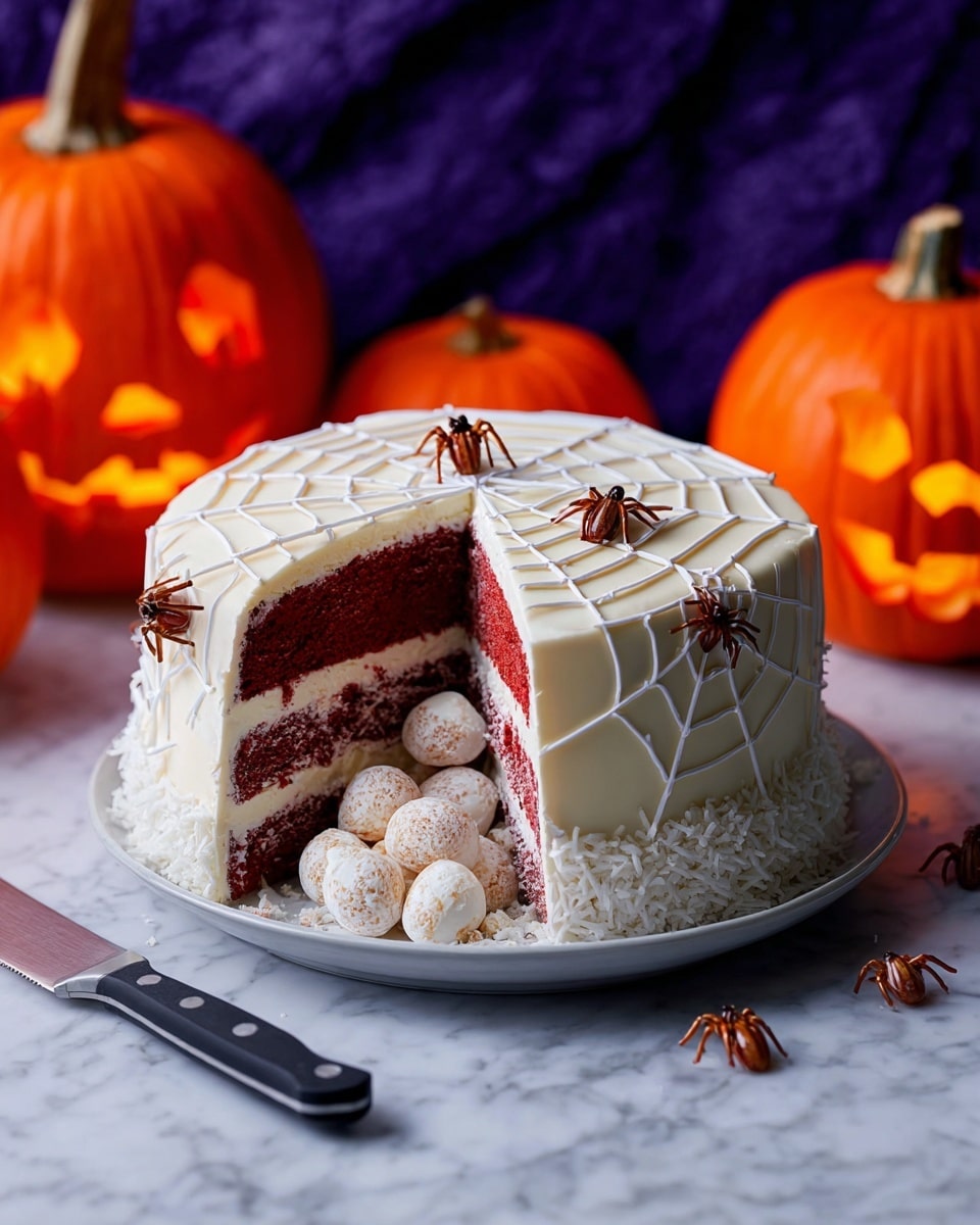 A two-layer red velvet cake with white cream filling is covered in smooth white icing decorated with thin spider web lines and small edible spiders. The cake has a large slice removed, showing the dark red layers inside. Inside the cake hole, there are many small white truffles, some covered in coconut flakes, spilling slightly out. The cake sits on a white plate with a silver knife beside it, all placed on a white marbled surface. In the background, there are two glowing carved pumpkins with a dark purple backdrop. Photo taken with an iphone --ar 4:5 --v 7