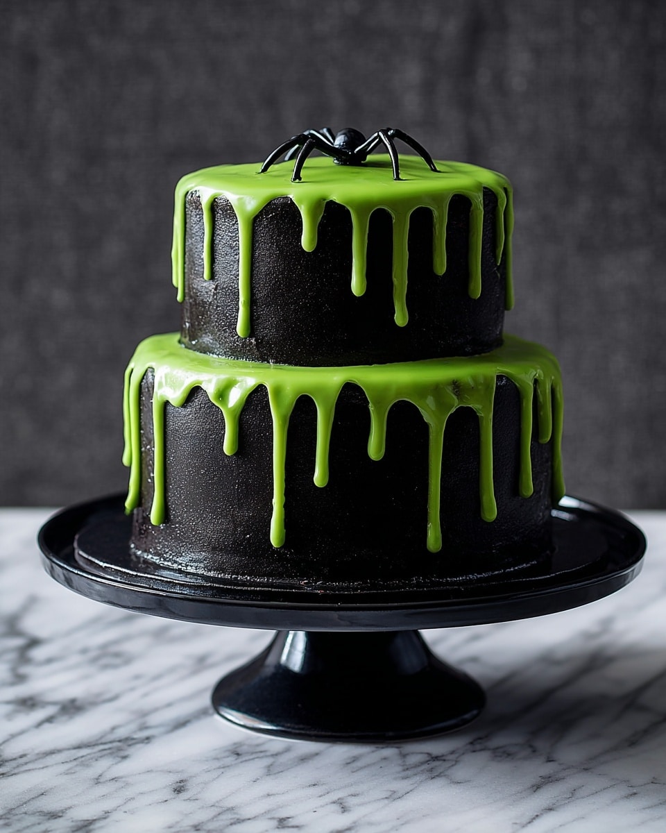 A two-layer cake with smooth black icing on both layers, stacked with the smaller layer on top. Both layers have bright green icing dripping unevenly from the edges, creating a shiny, liquid-like effect. On top of the upper layer, there is a small black plastic spider decoration. The cake sits on a round black cake stand against a dark background. photo taken with an iphone --ar 4:5 --v 7