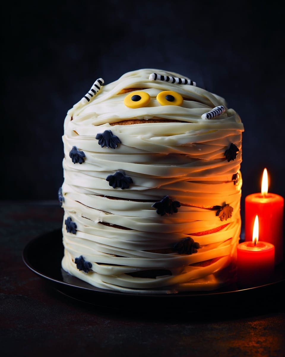 The image shows a tall round cake designed like a mummy with about four visible layers covered in smooth white frosting. Around the sides, there are small black flower shapes evenly spaced on the white frosting. The cake top has white fondant strips layered across it to look like mummy wrappings, leaving two yellow candy eyes with black centers peeking out. The cake sits on a black plate placed on a white marbled surface. To the left, two lit red candles cast a warm orange light and there is a white dish with a black spider decoration next to an old knife. Photo taken with an iphone --ar 4:5 --v 7