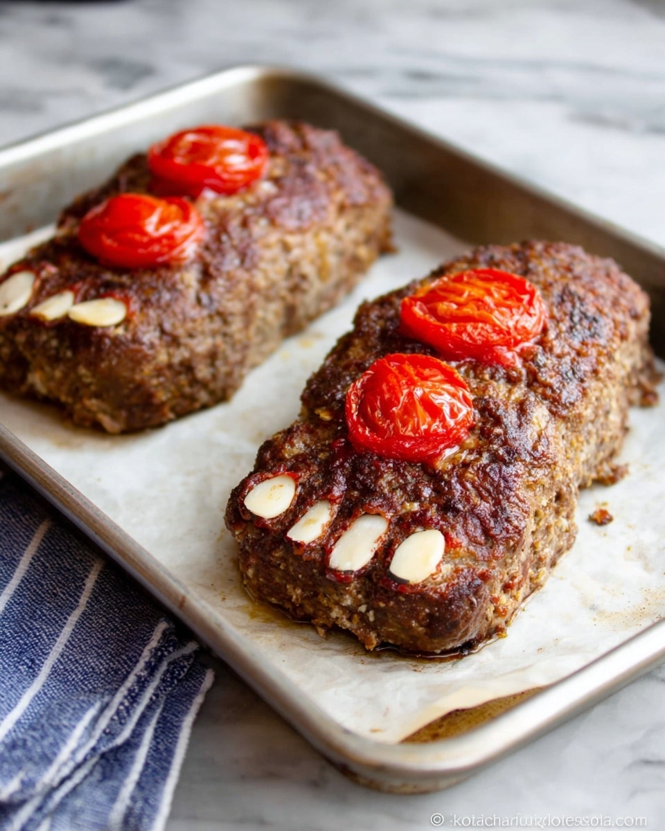 Two cooked meatloaves shaped like feet sit on white parchment paper in a metal baking tray. Each meatloaf has a smooth, brown, baked surface with a slightly rough texture. On top of every meatloaf is a round bright red tomato slice, adding a pop of color. Five small white almond pieces are placed near the bottom front of each meatloaf, resembling toenails. The tray rests on a white marbled surface, and a white cloth with black stripes is partly visible on the left side. photo taken with an iphone --ar 4:5 --v 7