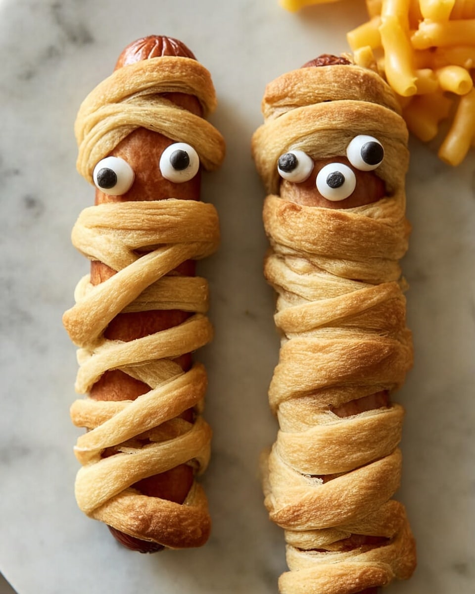 Two sausage links wrapped loosely in golden brown dough strips to look like mummies lie side by side on a white plate with a white marbled background. Each sausage has two round white candy eyes with black pupils placed near the top, giving a playful face-like appearance. The dough strips crisscross over the sausages unevenly, revealing the shiny brown sausage skin at the ends and between some gaps. The overall look is fun and slightly textured with a warm brown color palette. Photo taken with an iphone --ar 4:5 --v 7