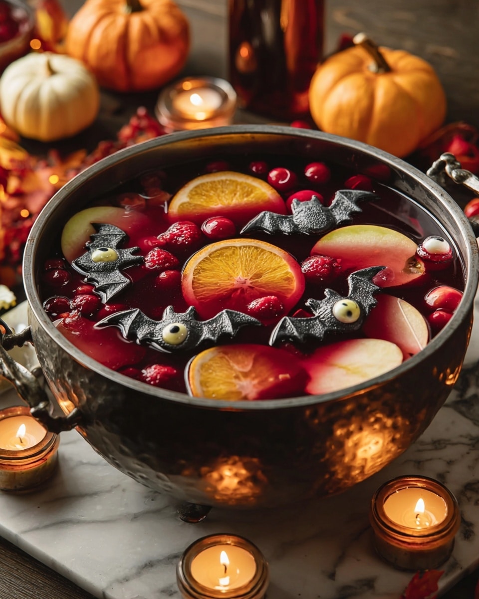 A large black metal bowl filled with dark red punch, floating on the surface are orange slices, round red berries, and cut apple slices shaped like bats with pale yellow flesh and red skin edges. There are also small red raspberries and fake eyeballs made of white and blue colors mixed in the punch. The bowl sits on a white marbled surface with small round white candles and small orange pumpkins around it, creating a spooky Halloween vibe. Photo taken with an iphone --ar 4:5 --v 7