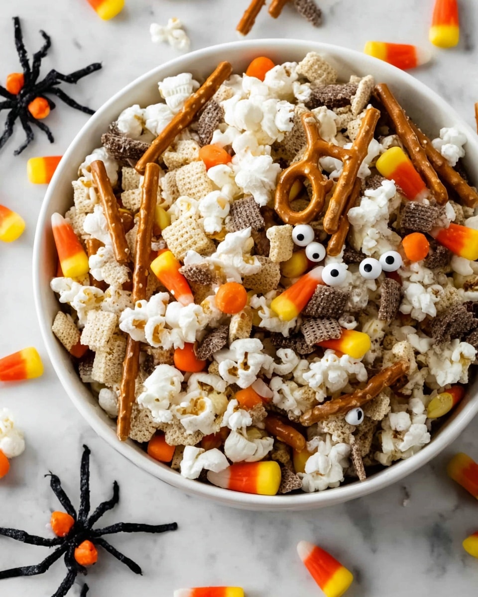 A white bowl filled with a colorful snack mix that includes white popcorn, orange and yellow candy corn pieces, light brown square cereal pieces, small brown pretzel sticks, orange and yellow round candies, and small white candy eyeballs scattered throughout. The bowl is set on a white marbled surface with small decorative orange and black spider props around it. photo taken with an iphone --ar 4:5 --v 7