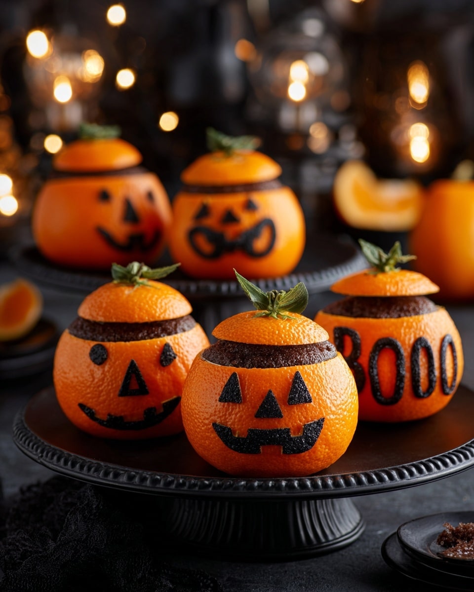 The image shows five pumpkin-shaped orange peels hollowed out and filled with a dark brown dessert inside. Each orange peel has a carved jack-o'-lantern face or Halloween-themed design on the surface, with triangular or round eyes and jagged or stylized mouths revealing the dessert beneath. The tops of the oranges are cut off and placed slightly askew back on top like lids, some with a small green stem piece attached. Three of the decorated orange desserts sit on a black cake stand with intricate patterns, and two more are on the white marbled texture surface nearby, one with a silver spoon beside it. The setting is dimly lit, creating a warm, cozy Halloween atmosphere with faint candlelights blurred in the background. Photo taken with an iphone --ar 4:5 --v 7