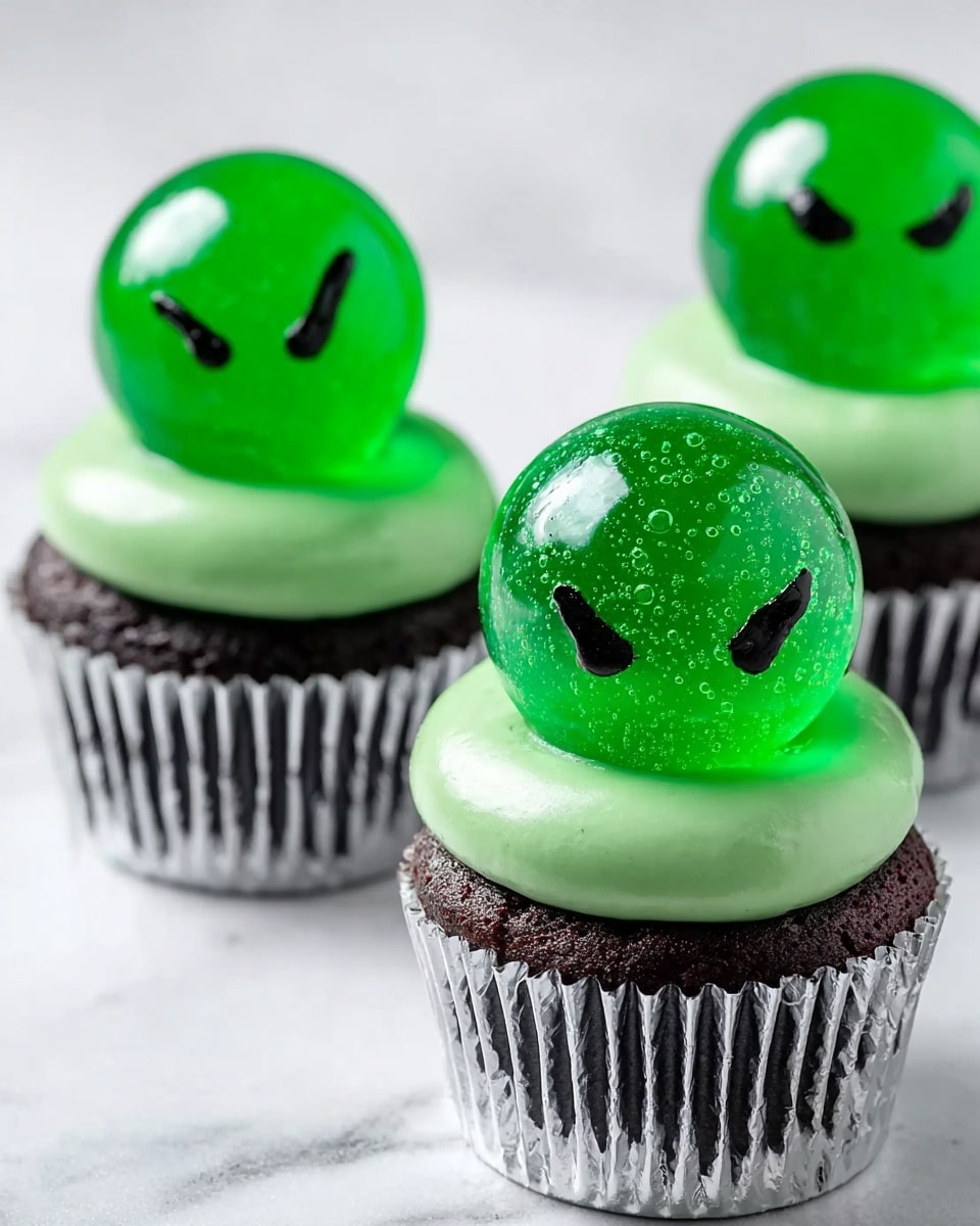 The image shows cupcakes with white wrappers topped with smooth, shiny green frosting. Each cupcake has a large, round, translucent green candy ball placed on top, resembling alien heads with small black eyes angled in a serious expression. The green candy balls have small bubbles inside, adding texture. The cupcakes are set against a white marbled surface, with a bright and clean background. photo taken with an iphone --ar 4:5 --v 7