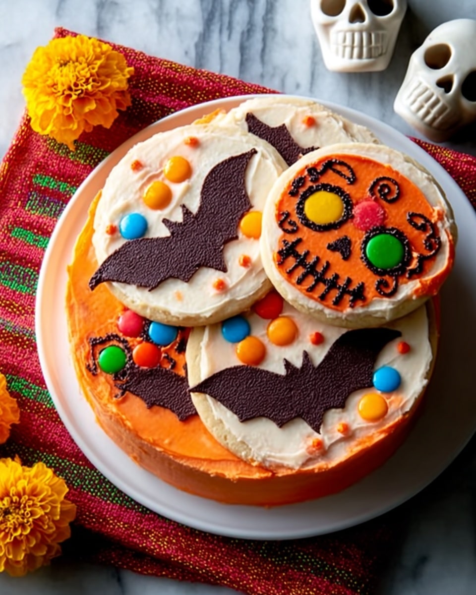 A round chocolate cake with bright orange frosting covers the sides and top. The top also has two large bat shapes in orange frosting on a dark cocoa powder background, creating a Halloween look. One slice is cut out, showing four layers inside: a dark chocolate cake layer, a creamy white filling with small nut pieces, another dark chocolate cake layer, and a smooth orange frosting outer layer. The cake sits on a white plate which is on a white marbled surface. A woman's hand is holding the cut slice slightly lifted. Photo taken with an iphone --ar 4:5 --v 7