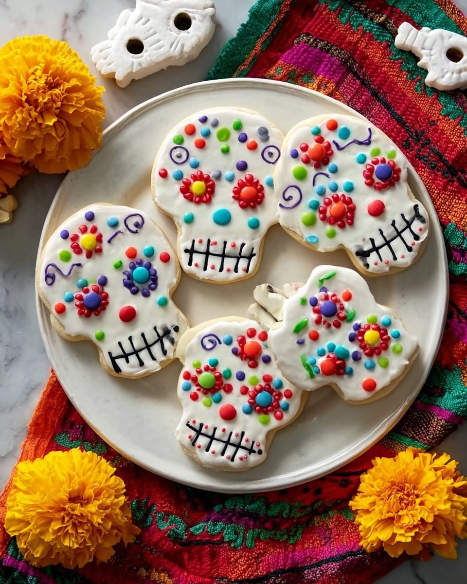 A white plate holds five sugar skull cookies, each with a smooth white icing base shaped like a skull. The skulls are decorated with colorful candy dots and peppermint swirls in bright red, green, blue, and pink, forming eyes, mouths, and floral patterns on the foreheads and cheeks. The mouths are drawn with black icing in a simple curved line or small teeth shape. The plate is on a white marbled surface with a colorful red and green woven cloth partially visible underneath. Two small white skull figurines and orange marigold flowers decorate the corners. Photo taken with an iphone --ar 4:5 --v 7