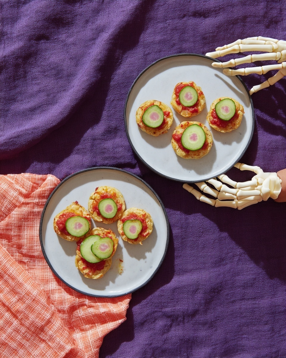 The image shows two white round plates on a white marbled surface with a purple cloth underneath. Each plate holds four small round yellowish baked treats, each topped with a thin green cucumber slice and a smaller white ring with a red dot in the center, resembling an eyeball. Red sauce is lightly drizzled around the eyeball toppings on each treat. Two white skeleton hands are positioned near the plates, one holding two eyeball treats and the other reaching towards the plate. One plate is placed on top of an orange and white checkered napkin. The overall scene has a spooky Halloween vibe. Photo taken with an iphone --ar 4:5 --v 7