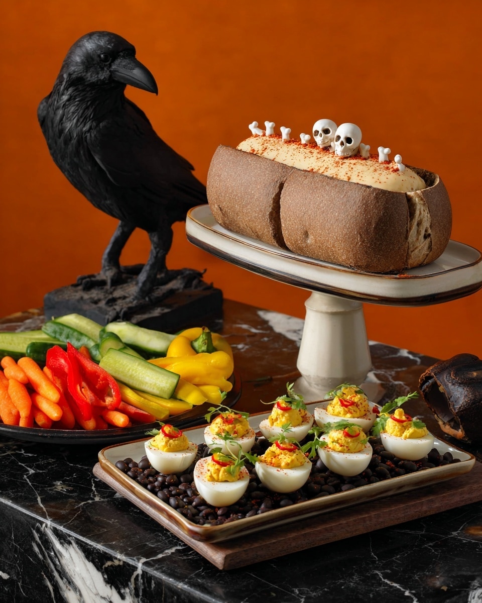 The dish has two main parts on a white marbled surface: a white sandwich-shaped item on a black pedestal plate filled with a pale, crumbly spread topped with a small white skeleton figure lying inside, surrounded on the plate by fresh green celery, orange baby carrots, red bell pepper pieces, green cucumber slices, and yellow bell pepper strips; in the front, there is a white rectangular plate filled with black beans as a base, on top of which sit nine deviled eggs shaped like eyeballs, each with a yellow filling in the center, black olive slices as the pupils, and red sauce streaks around them, all against an orange background with a black bird figure on the right side. photo taken with an iphone --ar 4:5 --v 7