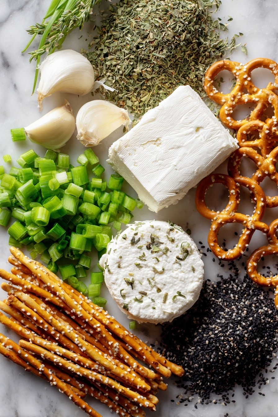 Flat lay of two blocks of creamy white cream cheese, a small wheel of soft goat cheese with a delicate rind, bright green chopped scallions with crisp texture, several peeled garlic cloves showing smooth, pale ivory surfaces, a small pile of dried greenish dill weed, scattered dried oregano leaves in muted green hues, a neat heap of shiny black sesame seeds with a glossy texture, and a bundle of golden pretzel sticks with a crunchy, twisted texture, all beautifully arranged in natural clusters and gentle overlaps, placed on white marbled surface, photo taken with an iphone --ar 2:3 --v 7 - Spider Cheeseballs for Halloween, Halloween cheeseball recipe, creepy Halloween party snacks, spooky appetizer ideas, easy Halloween treats