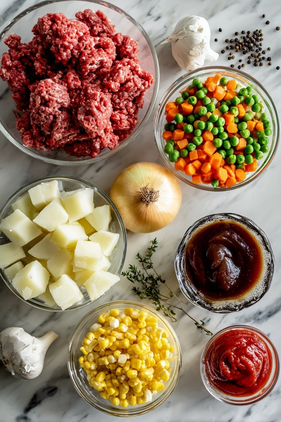 Flat lay of fresh ground beef with rich deep red color, peeled and chopped russet potatoes in creamy off-white chunks, a small yellow onion with bright golden skin and diced pieces, two cloves of garlic with papery white skin and minced bits, vibrant frozen mixed vegetables showing green peas, orange carrot slices, and yellow corn kernels, smooth dollops of bright red tomato paste, a small glass bowl of dark Worcestershire sauce, and whole black peppercorns scattered naturally, all arranged with a balanced mix of textures and colors, placed on white marbled surface, photo taken with an iphone --ar 2:3 --v 7 - Creepy Shepherd’s Pie, Ghost Shepherd’s Pie, Halloween Shepherd’s Pie, Spooky Shepherd’s Pie, Ghost Potatoes