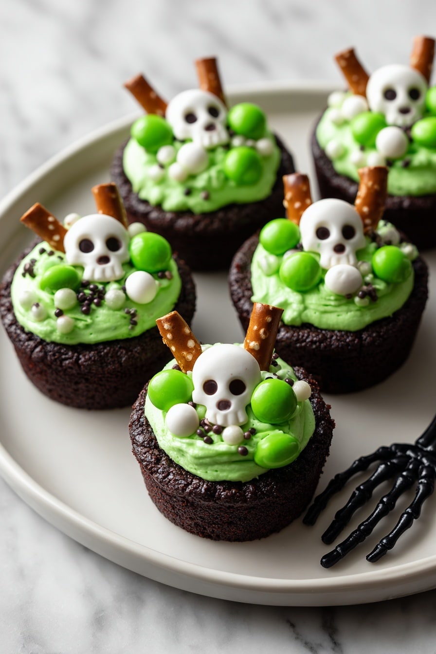 The image shows five dark brown chocolate cookie cups on a black plate, each filled with a smooth, bright green frosting that forms a rounded mound. On top of the green frosting, there are small white candy skulls, white dots, and small green round candies scattered unevenly. Each cookie cup has a single small pretzel stick standing upright in the frosting. The plate sits on a white marbled surface with some black plastic skeleton fingers partly visible at the bottom right corner. In the blurred background, there are green and black bottles and a black and white striped ball. photo taken with an iphone --ar 2:3 --v 7 - Cauldron Cookie Cups, Halloween Cookie Cups, Spooky Cookie Desserts, Edible Witch Cauldrons, Festive Halloween Treats