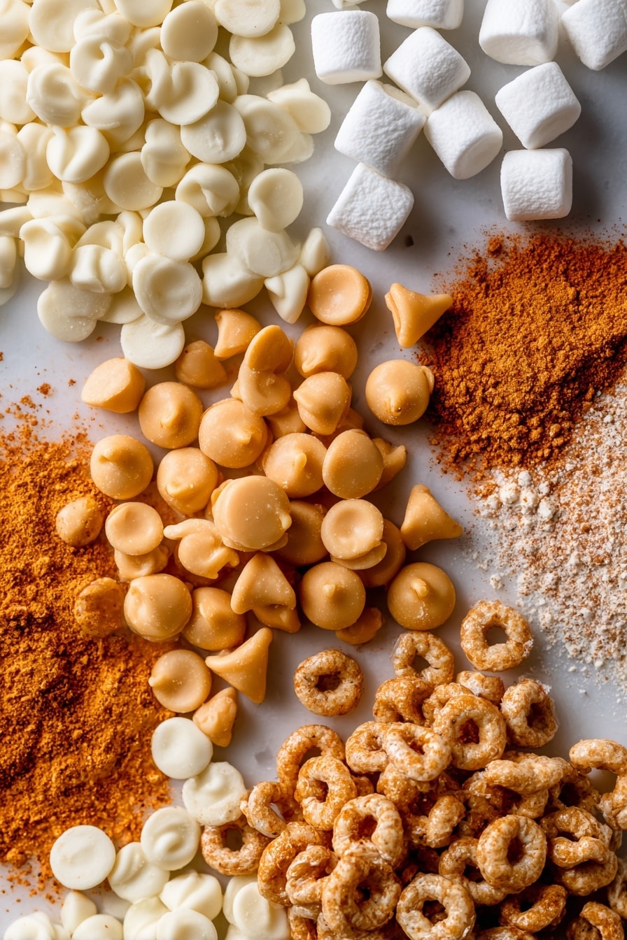 Flat lay of golden butterscotch chips with a smooth, shiny surface, creamy white miniature marshmallows in soft puffs, deep orange pumpkin pie spice powder sprinkled lightly, warm light brown cinnamon powder, crunchy Pumpkin Spice Cheerios with a mix of orange, brown, and beige hues, and glossy white chocolate chips with a smooth texture, all naturally arranged with gentle overlaps and small clusters, placed on white marbled surface, photo taken with an iphone --ar 2:3 --v 7 - Butterscotch Pumpkin Cheerio Bars, fall treat bars, easy pumpkin snack, no-bake Cheerio dessert, seasonal pumpkin candy bars