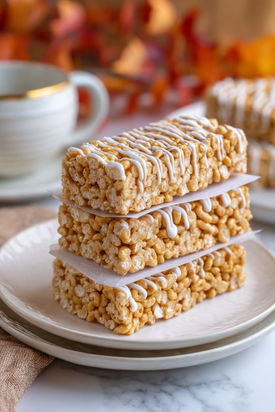 The image shows three rectangular pieces of crispy cereal bars stacked on top of each other, each separated by thin sheets of parchment paper. The bars have a light tan color from the cereal and a caramel-like coating binding the pieces together. The top layer is decorated with white drizzle sauce, adding a textured pattern. The cereal pieces are puffed and porous, giving a crunchy look. The stack is placed on a set of white plates on a white marbled surface. In the blurry background, warm copper tones create a cozy atmosphere. photo taken with an iphone --ar 2:3 --v 7 - Butterscotch Pumpkin Cheerio Bars, fall treat bars, easy pumpkin snack, no-bake Cheerio dessert, seasonal pumpkin candy bars