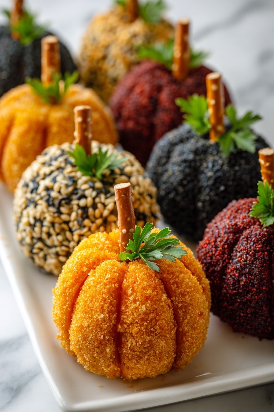 The image shows small round balls shaped like pumpkins, each with a textured outer layer of different colors and coatings. In the front center, there is a bright orange ball covered with a crumbly coating, featuring grooves to look like pumpkin segments, topped with a small pretzel stick as the stem and a green parsley leaf on the side. Surrounding it are other similar pumpkin balls coated in a dark red powder, black and white sesame seeds, and another coat of small crumbs in orange and black shades. They are arranged neatly in rows on a white rectangular plate that sits on a white marbled surface. The photo taken with an iphone --ar 2:3 --v 7 - Mini Pumpkin Cheese Balls, Pumpkin Cheese Balls, Festive Snack Ideas, Holiday Party Appetizers, Bite-sized Pumpkin Cheeses