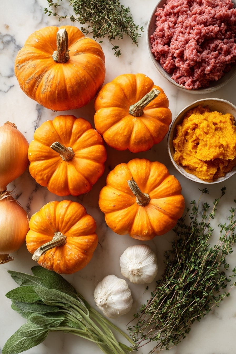 Flat lay of vibrant orange mini pumpkins with smooth skins and green stems, a heap of rich red ground beef, a small bowl of bright golden pumpkin puree, a large yellow onion with papery outer layers partially peeled, two garlic cloves showing off their white, slightly textured skins, fresh green thyme sprigs, oregano leaves, and chopped sage with soft velvety texture, all naturally arranged in a loose, organic pattern with warm colors contrasting against fresh herbs, placed on white marbled surface, photo taken with an iphone --ar 2:3 --v 7 - Stuffed Mini Pumpkins with Savory Ground Beef and Pumpkin Puree, mini pumpkin stuffed recipes, fall pumpkin dinner ideas, savory stuffed pumpkins, easy pumpkin stuffed vegetables