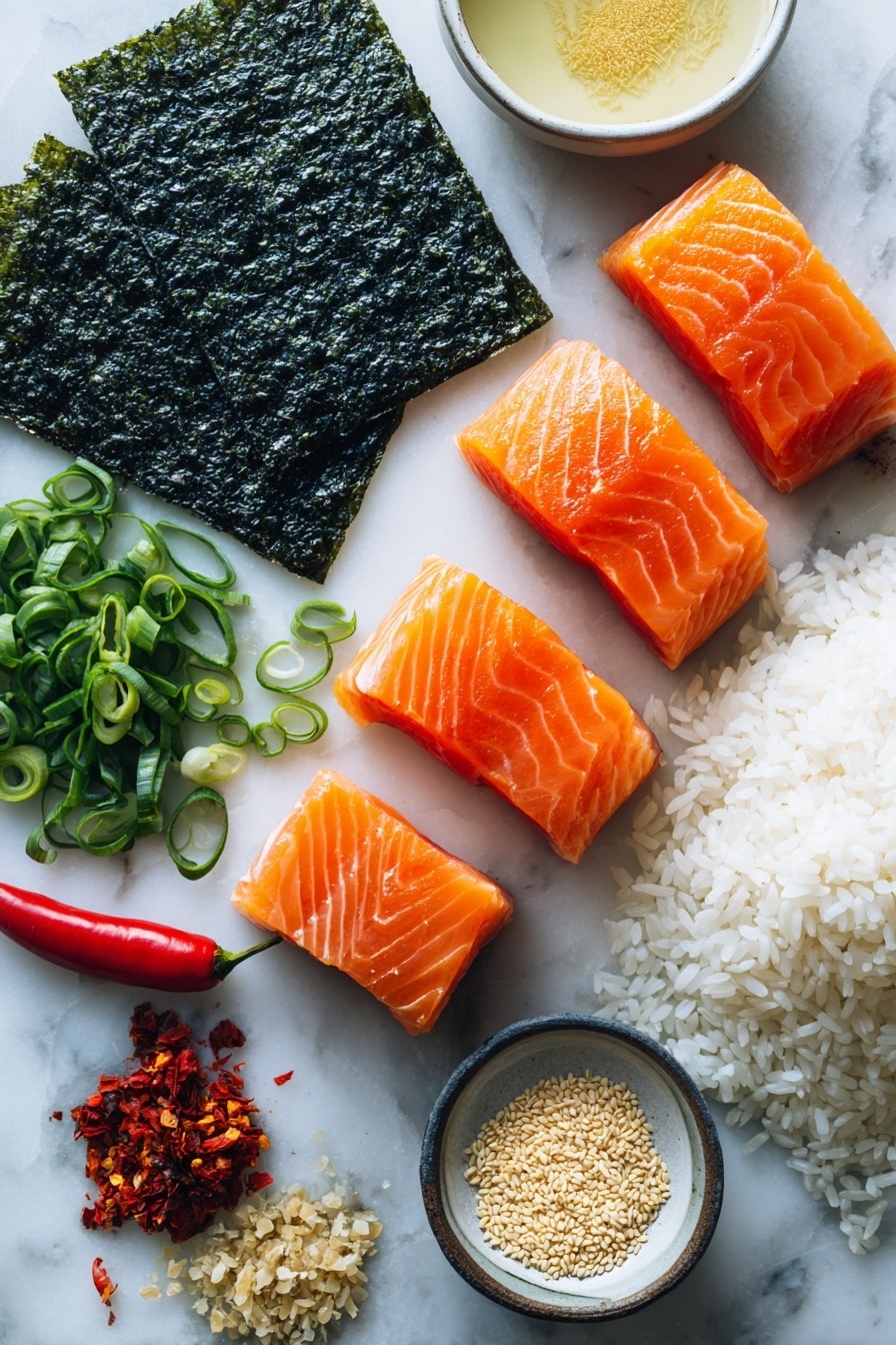 Flat lay of vibrant cubed fresh salmon with its rich orange-pink color and smooth texture, glossy dark green nori seaweed sheets cut into neat rectangles, fluffy white sushi rice with a slightly sticky sheen, bright green sliced green onions scattered delicately, small piles of toasted sesame seeds and colorful furikake flakes, a small mound of pale yellow rice vinegar with a glassy surface, and a fresh red chili pepper hinting at spiciness, all beautifully arranged with natural spacing and balance, placed on white marbled surface, photo taken with an iphone --ar 2:3 --v 7 - Easy Baked Salmon Sushi Cups, salmon sushi cups, baked salmon sushi, sushi cups recipe, quick salmon appetizer