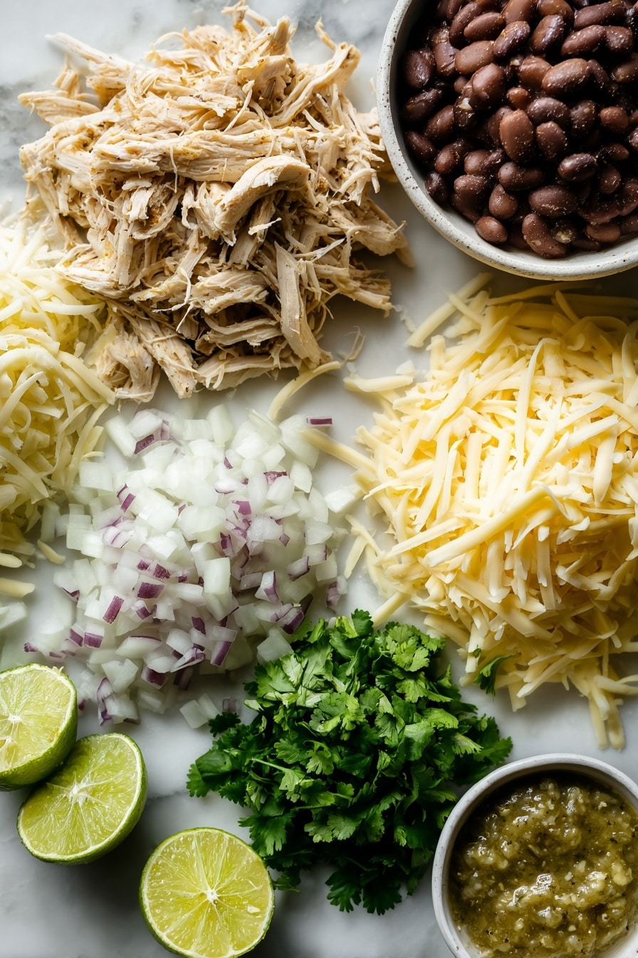 Flat lay of shredded rotisserie chicken with warm golden tones, diced sweet onion in soft white and purple hues, vibrant green salsa verde with a slightly chunky texture, creamy shredded Monterey Jack cheese with off-white strands, stringy Oaxaca cheese in pale yellow, a fresh lime cut in half showing bright green flesh, rich and smooth refried beans in earthy brown, and a handful of bright green chopped cilantro leaves, all naturally arranged with some overlapping and small piles to show texture and freshness, placed on white marbled surface, photo taken with an iphone --ar 2:3 --v 7 - Chicken Chimichangas, Best Chicken Chimichangas, Tex-Mex Chicken Wraps, Crunchy Chicken Fajitas, Easy Chicken Chimichangas