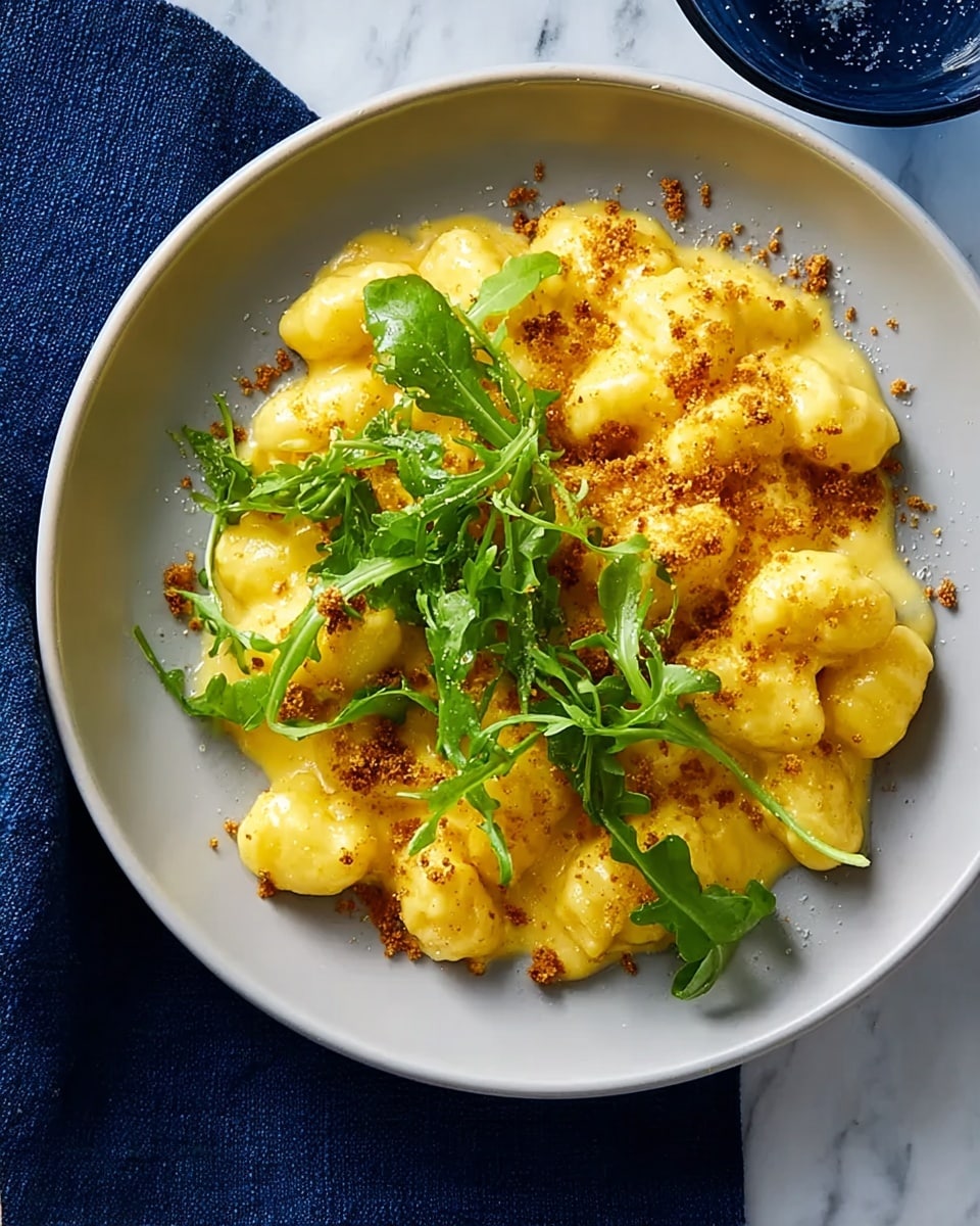 A close-up view of a plate of gnocchi covered in a thick, smooth yellow cheese sauce, arranged in a single layer on a white plate. The gnocchi are plump and slightly glossy, with a few golden-brown crispy breadcrumbs scattered around and on top. Fresh green arugula leaves are placed neatly on the center of the dish, adding contrast to the warm yellow tones. The plate sits on a white marbled surface with a folded dark blue cloth underneath the plate on one side. photo taken with an iphone --ar 4:5 --v 7