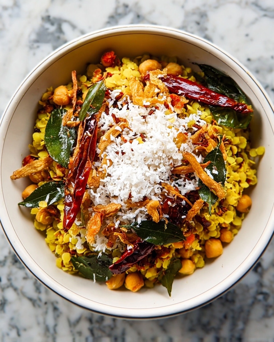 A white bowl filled with a colorful layered dish. The bottom layer looks like yellow lentils or a grain mix with some green leaves mixed in. On top of this are crispy thin fried onions and golden toasted nuts spread around. There are whole dried red chili peppers laid on the top along with fresh green leaves. The center is topped with a small pile of grated white coconut, adding texture and contrast. The bowl sits on a white marbled surface. photo taken with an iphone --ar 4:5 --v 7