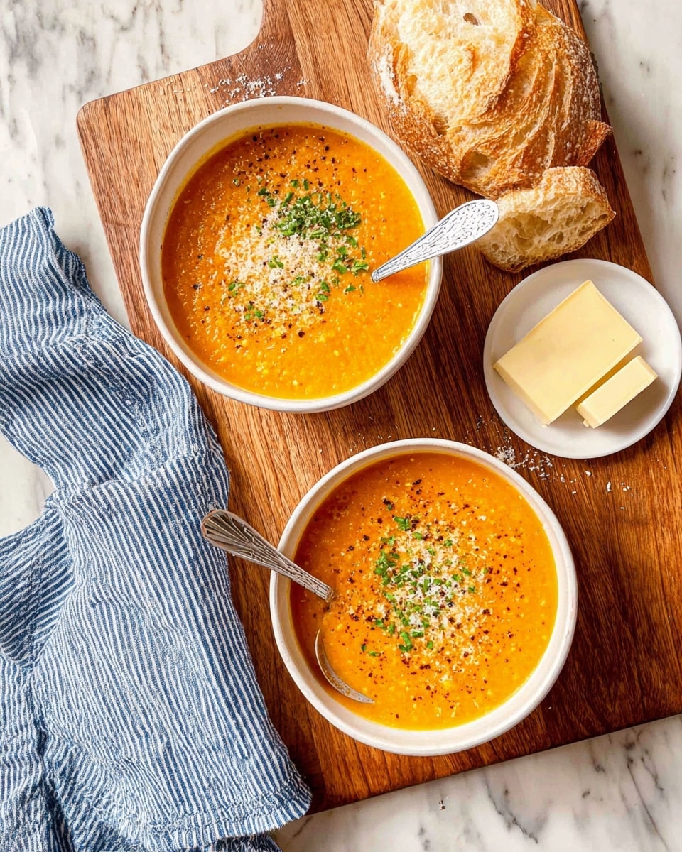 Two white bowls filled with orange soup sit on a white marbled surface. The soup is smooth with some small texture and is sprinkled with green herbs and grated cheese on top. One bowl has a silver spoon inside. Next to the bowls are pieces of golden brown toasted bread and a small white plate stacked with thick slices of light yellow cheese. A blue and white striped cloth is partly visible on the left side. The photo taken with an iphone --ar 4:5 --v 7