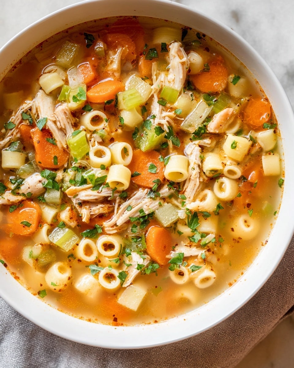 A white bowl filled with clear broth soup with visible pieces of orange carrot slices, pale green celery slices, small round pasta pieces, and shredded light brown chicken meat. There are also small cubes of white potato and green herbs sprinkled on top, giving a fresh look. The soup shows a mix of warm colors with textures from soft vegetables and tender chicken. The bowl rests partly on a light gray cloth on a white marbled surface. Photo taken with an iphone --ar 4:5 --v 7