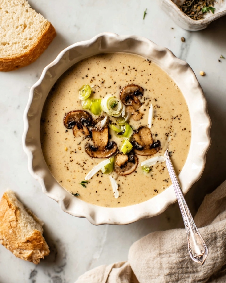 A white scalloped bowl filled with creamy light beige mushroom soup sits on a white marbled surface. The soup has small pieces of brown mushrooms and green sliced vegetables on top, sprinkled with black pepper and thin white shreds. A silver spoon is placed inside the bowl on the right side, and a beige cloth napkin is on the surface to the right. In the upper left corner, a piece of brown bread and a small green herb leaf are visible. Photo taken with an iphone --ar 4:5 --v 7
