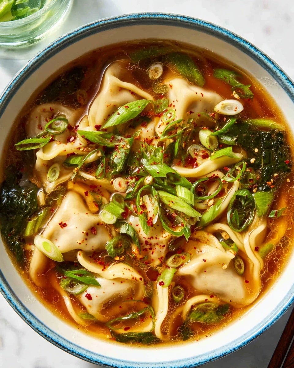 A deep white bowl holds a rich brown broth filled with smooth, light beige dumplings, gently floating among thick, pale yellow noodles. Bright green sliced scallions and darker green leafy pieces are scattered throughout the soup, adding fresh color. Small red chili flakes are sprinkled on top, giving a touch of spice. The bowl sits on a white marbled surface, and a woman's hand holding chopsticks is visible at the edge of the image. Photo taken with an iphone --ar 4:5 --v 7
