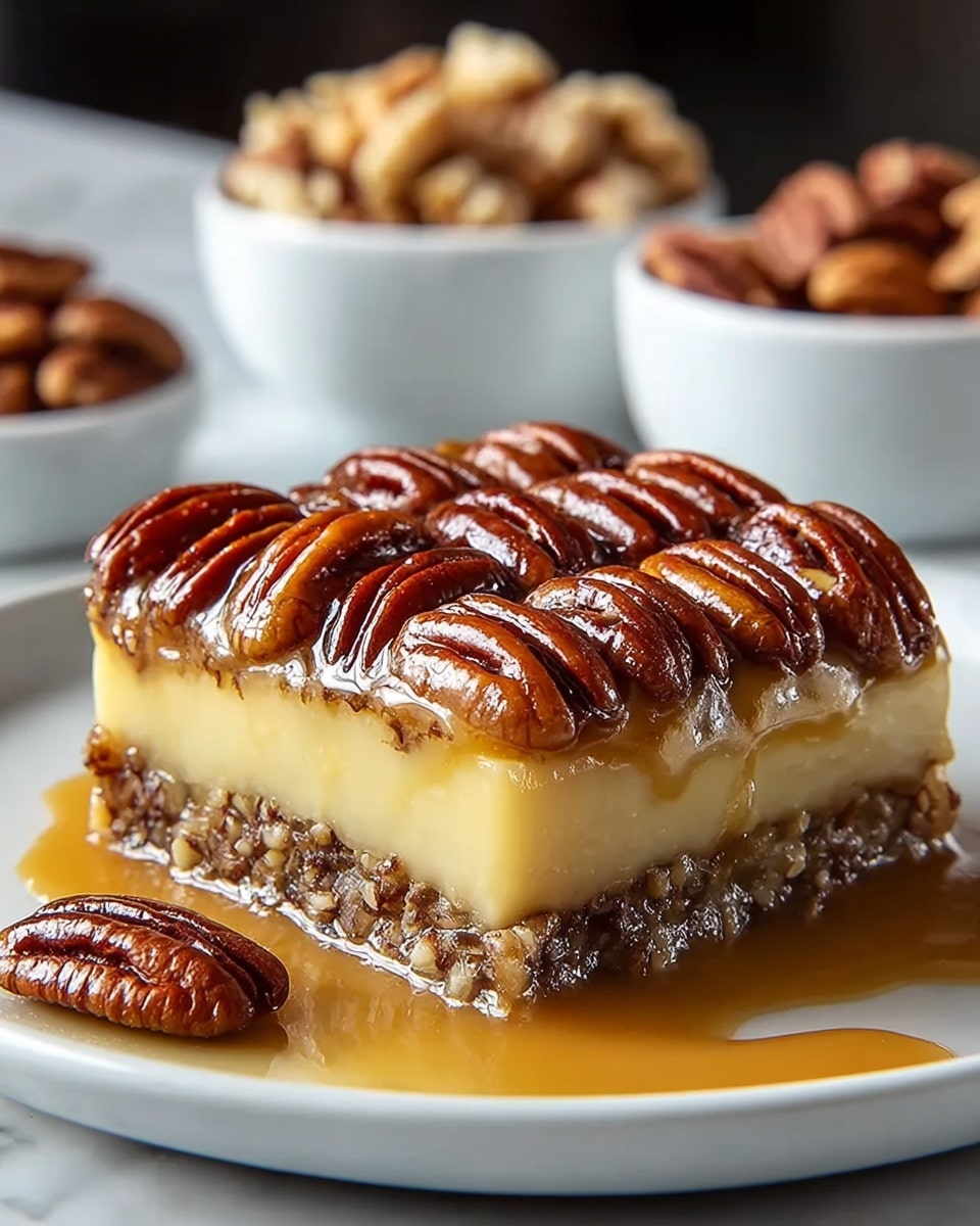 A square dessert with three clear layers sits on a white plate over a white marbled surface. The bottom layer is crumbly and light brown with a grainy texture, the middle layer is smooth and creamy pale yellow, and the top layer is dark brown and glossy, covered with whole, shiny pecan nuts. Rich caramel sauce drips down the sides and pools around the base of the dessert, adding a glossy shine and vibrant amber color. photo taken with an iphone --ar 4:5 --v 7